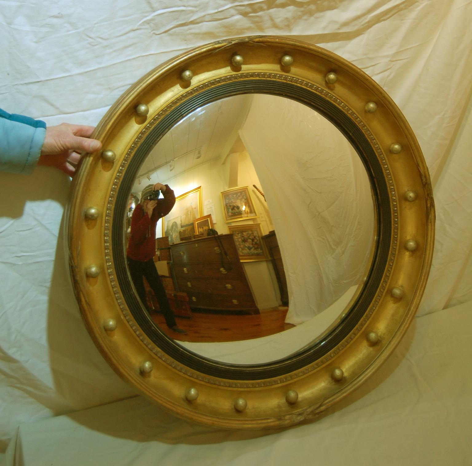 19th Century English Regency  Style  Round Convex Giltwood Mirror, circa 1850