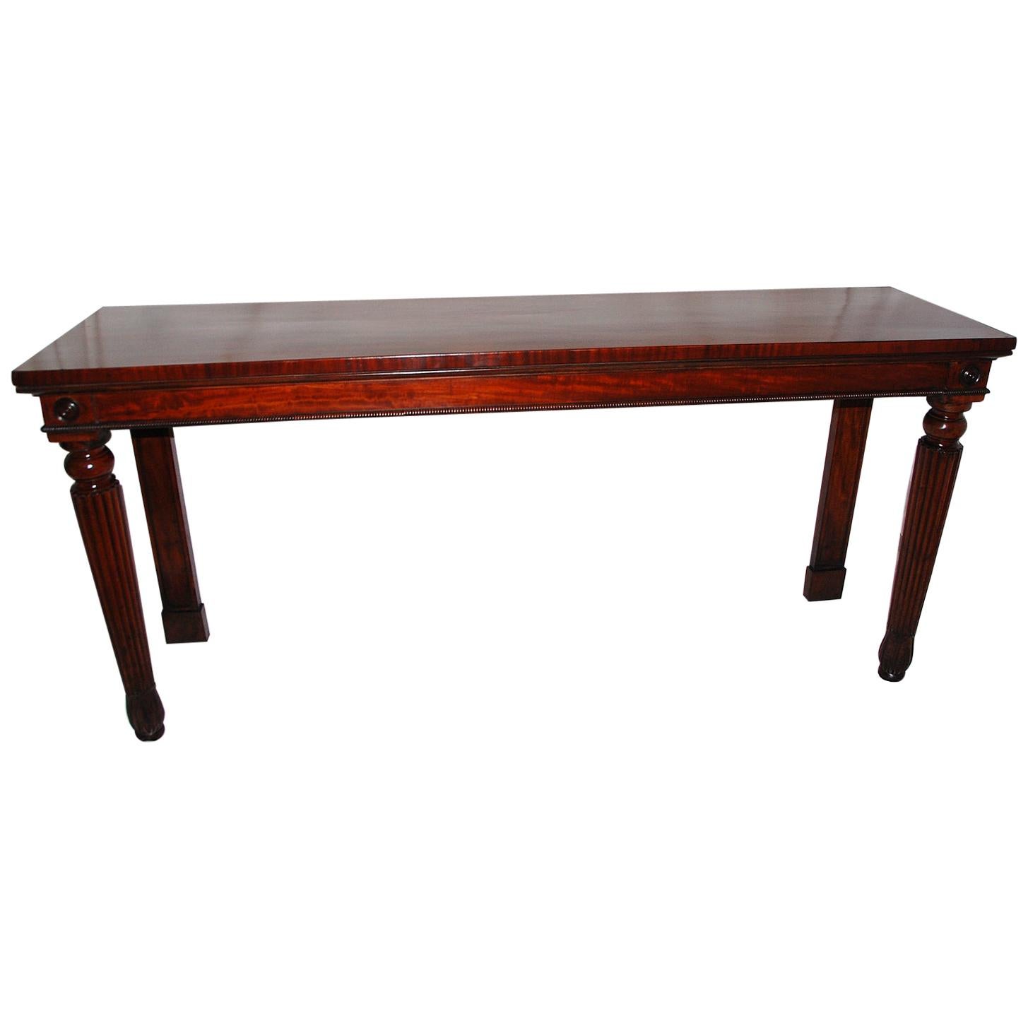 English Regency Period Long Mahogany Sideboard or Hall Table Reeded Legs