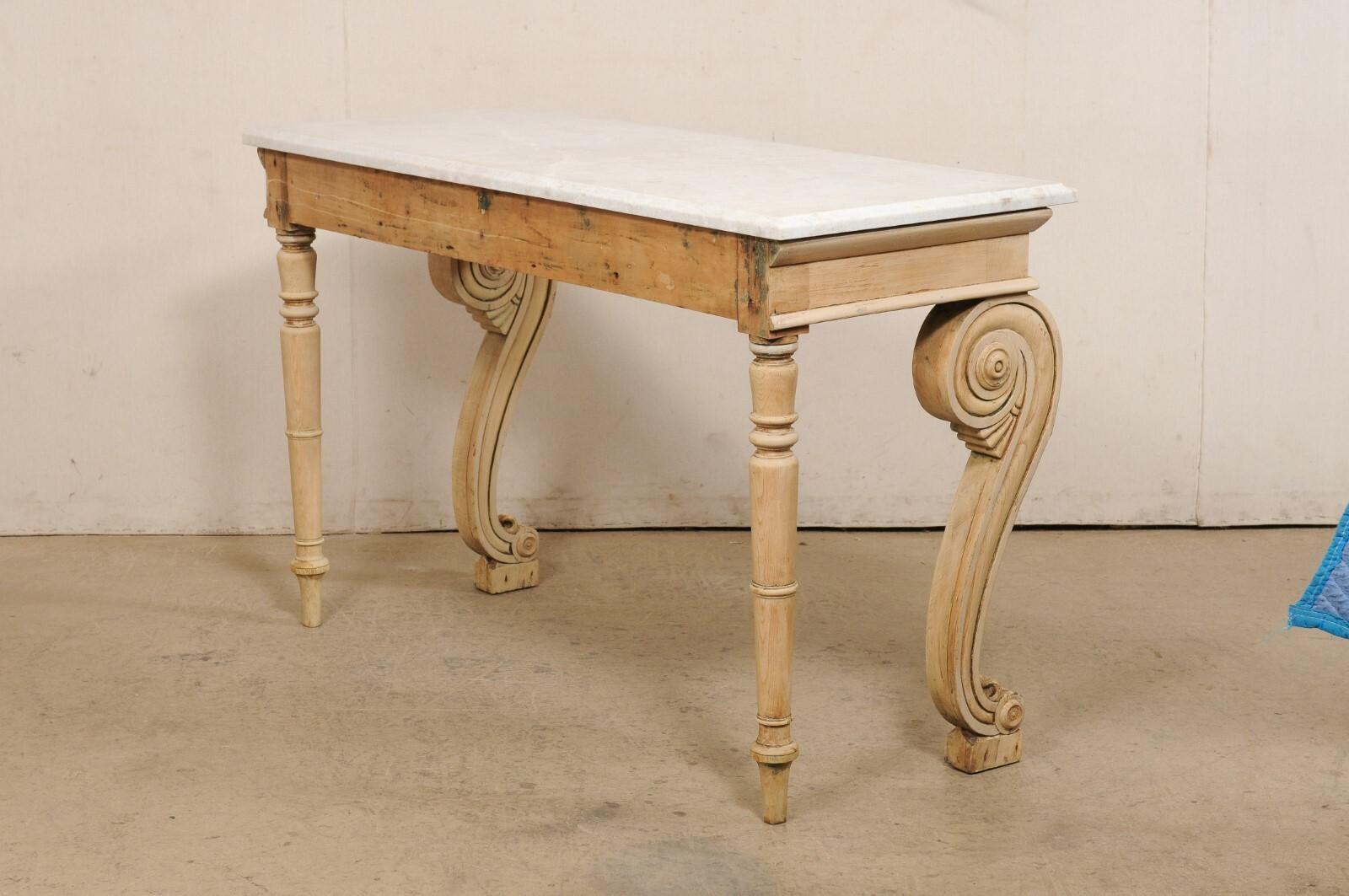English Regency Period Bleached Wood Console w/Marble Top & Volute Carved Legs In Good Condition For Sale In Atlanta, GA