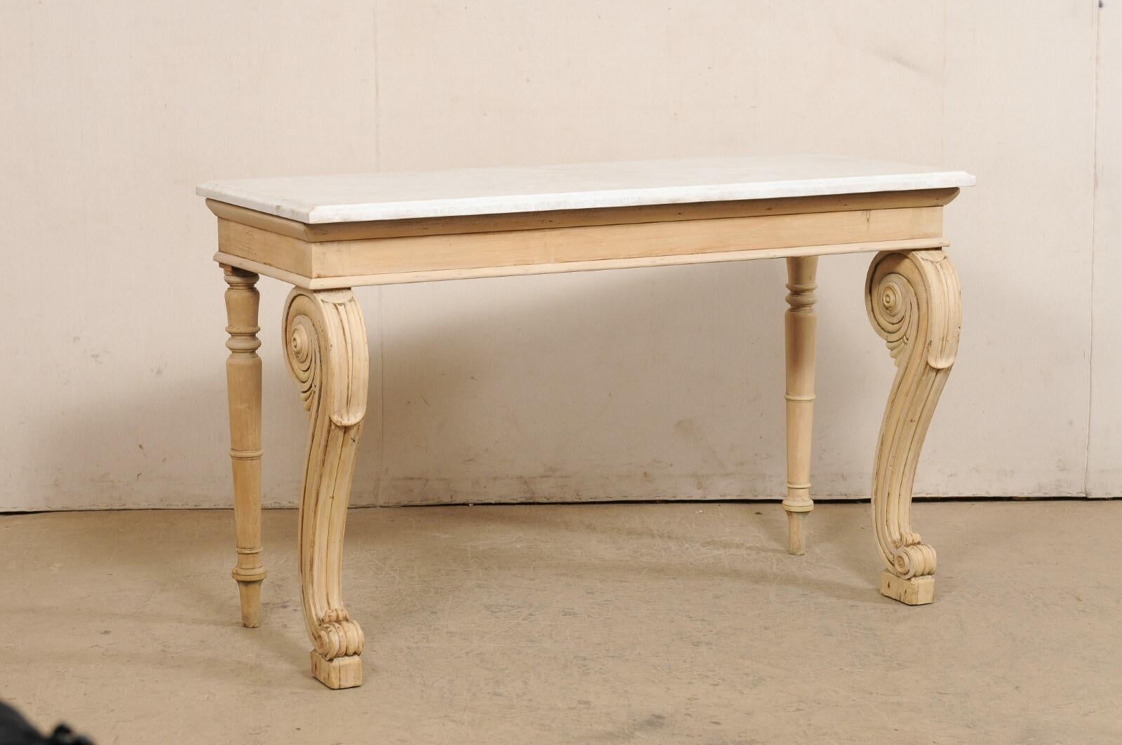 19th Century English Regency Period Bleached Wood Console w/Marble Top & Volute Carved Legs For Sale