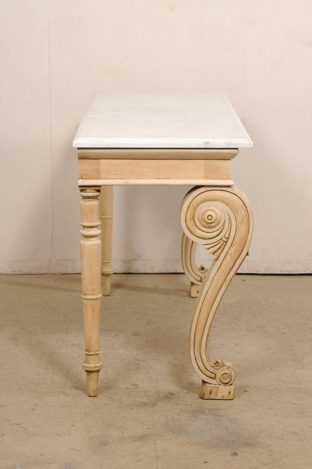 English Regency Period Bleached Wood Console w/Marble Top & Volute Carved Legs For Sale 1