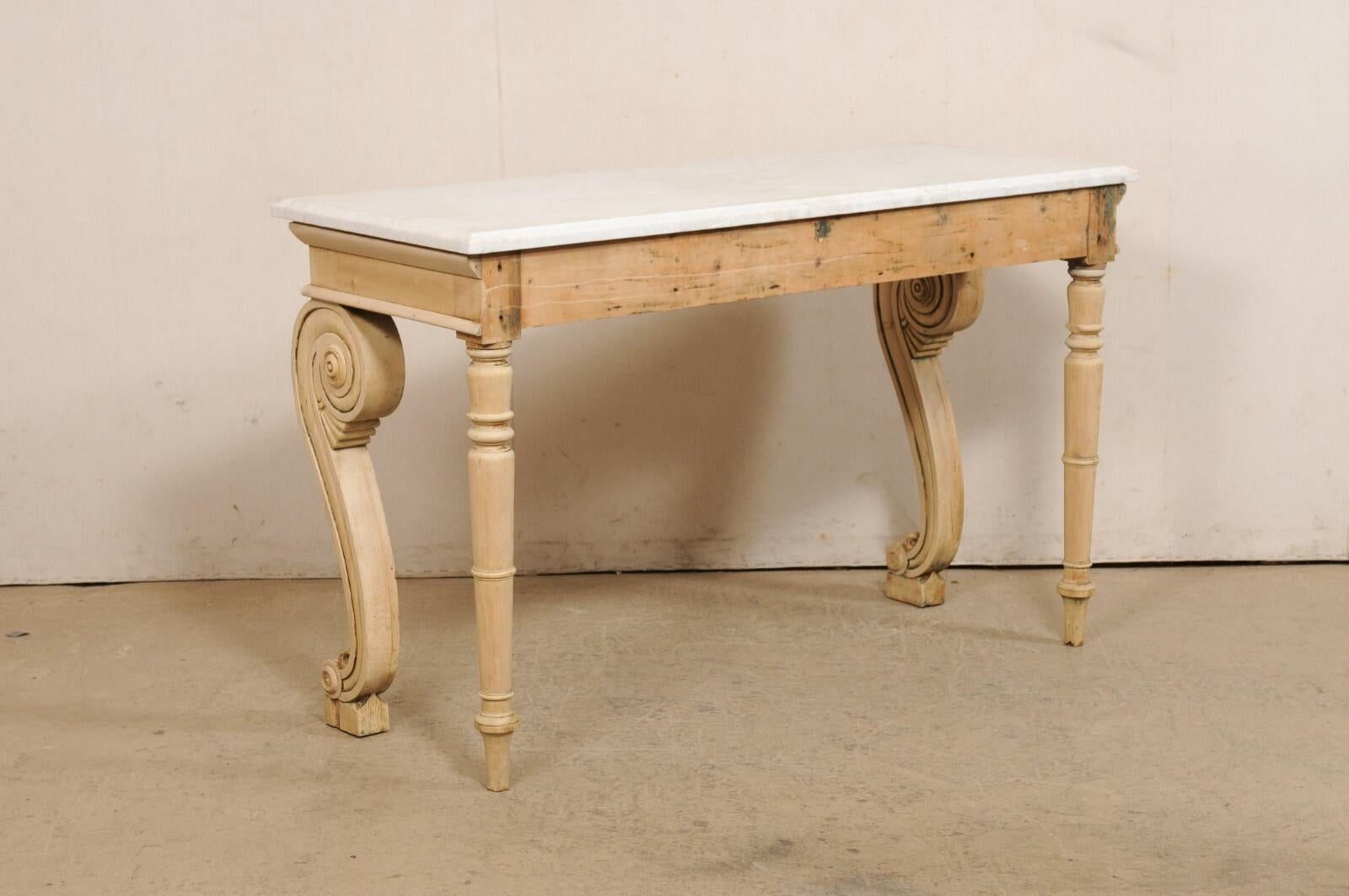 English Regency Period Bleached Wood Console w/Marble Top & Volute Carved Legs For Sale 2