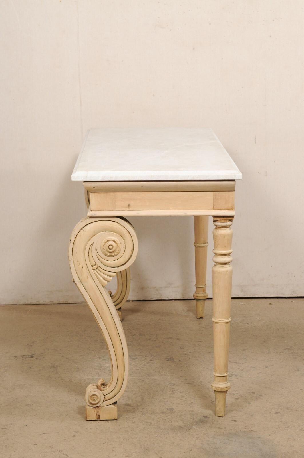 English Regency Period Bleached Wood Console w/Marble Top & Volute Carved Legs For Sale 3