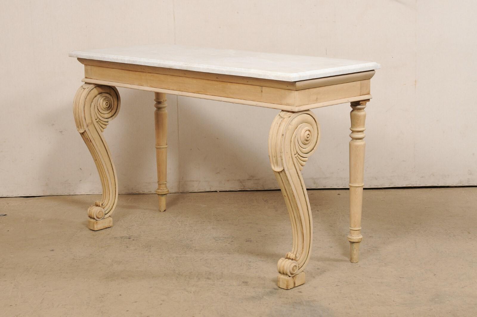 English Regency Period Bleached Wood Console w/Marble Top & Volute Carved Legs For Sale 4