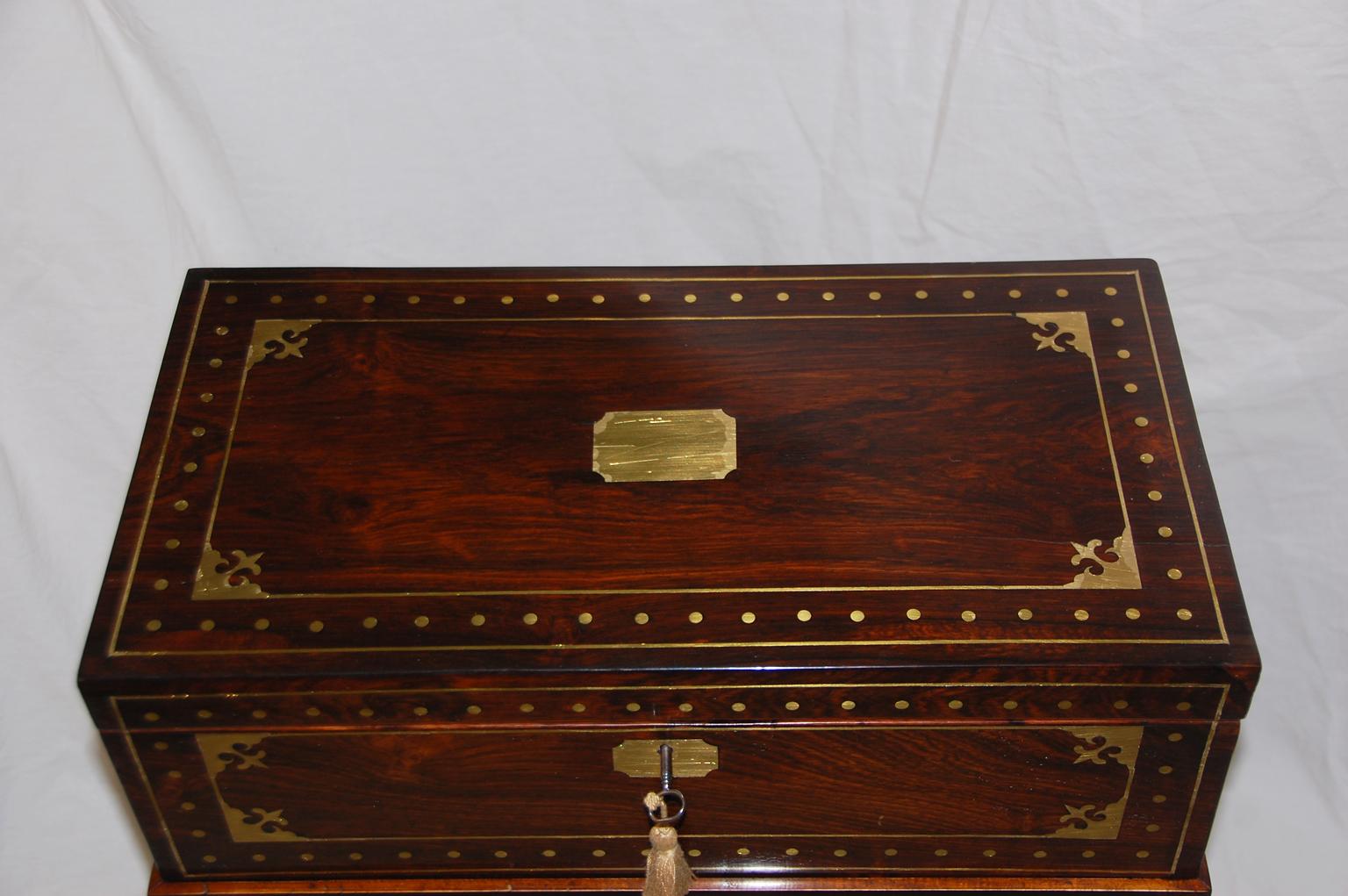English Regency Period Brass Inlaid Rosewood Writing Box on Bespoke Stand In Good Condition In Wells, ME