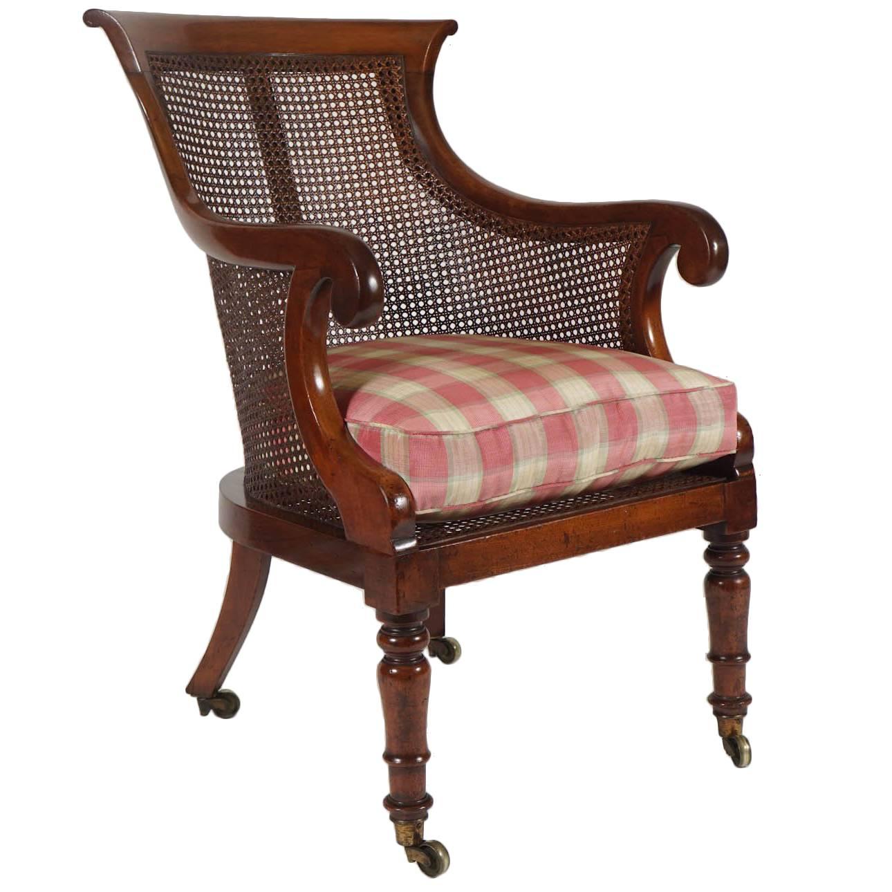 English Regency Period Caned Mahogany Armchair or Bergere, circa 1830