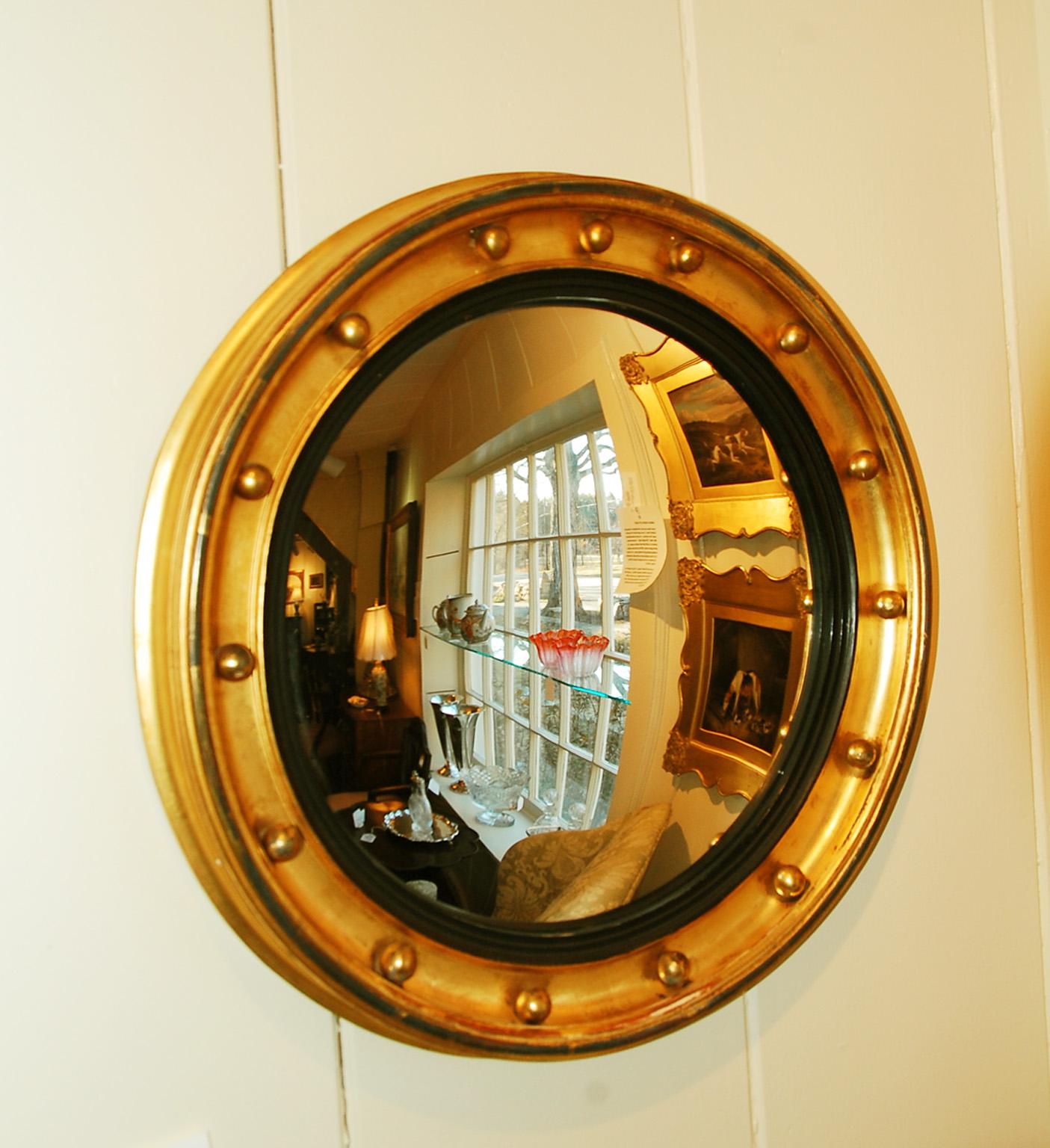 19th Century English Regency Period Convex Gold Leaf Mirror with Balls
