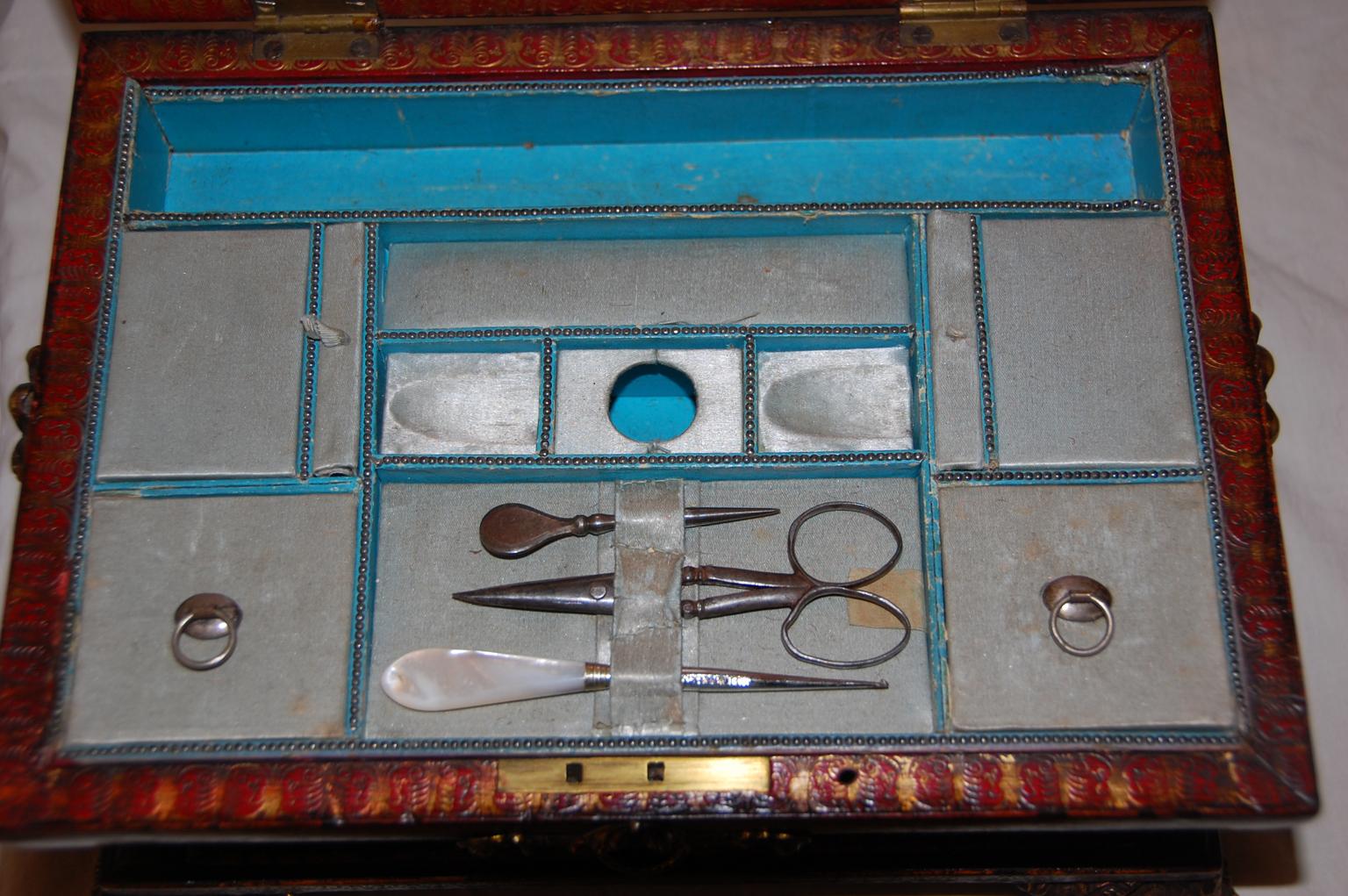 Cowhide English Regency Period Embossed Leather Sewing Box with Drawer and Brass Mounts