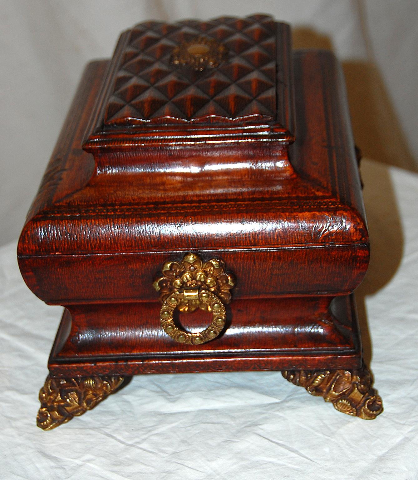 English Regency Period Embossed Leather Sewing Box with Drawer and Brass Mounts 1