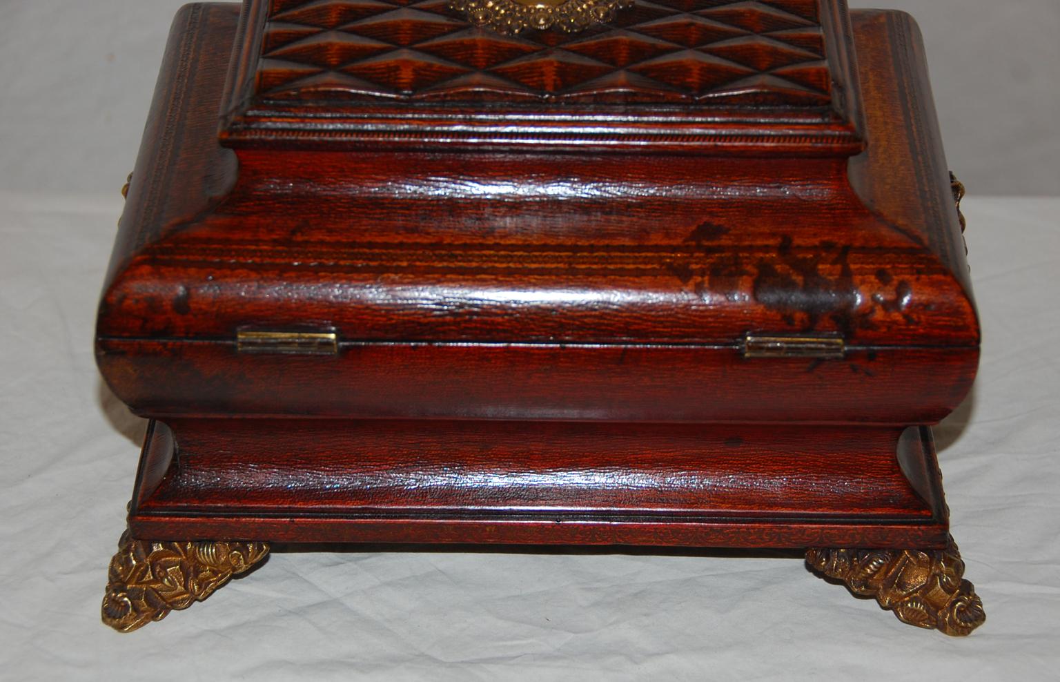 English Regency Period Embossed Leather Sewing Box with Drawer and Brass Mounts 3