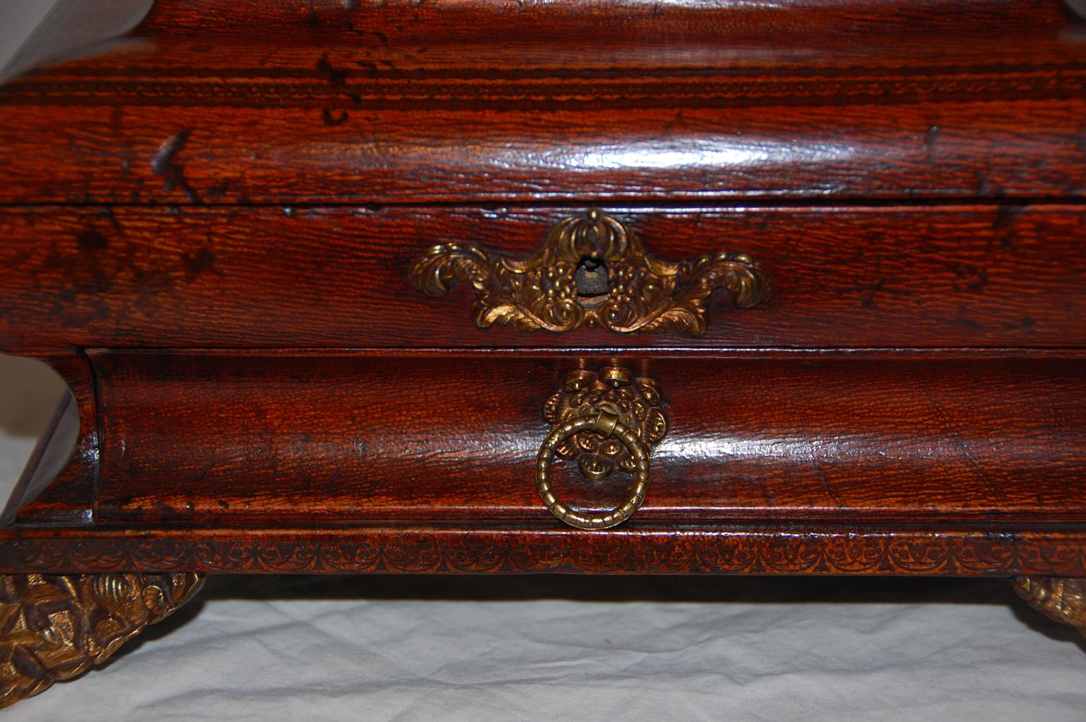 English Regency Period Embossed Leather Sewing Box with Drawer and Brass Mounts 4