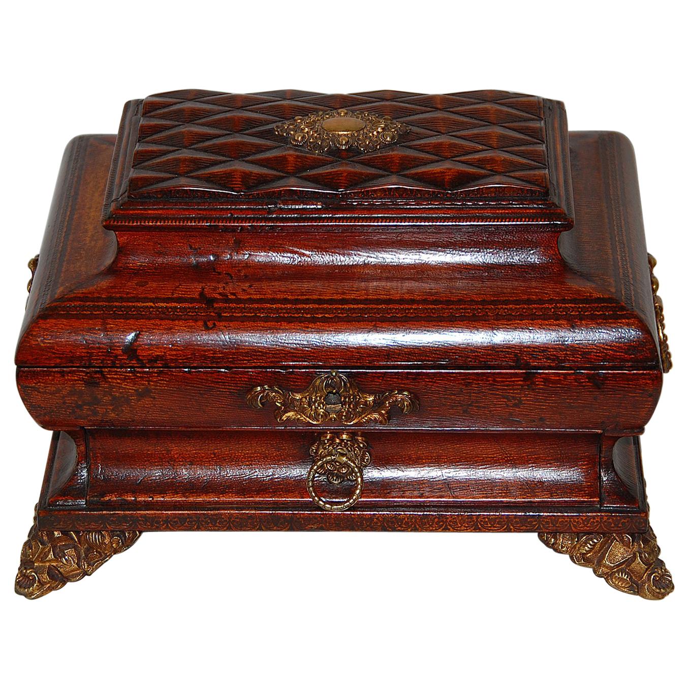 English Regency Period Embossed Leather Sewing Box with Drawer and Brass Mounts