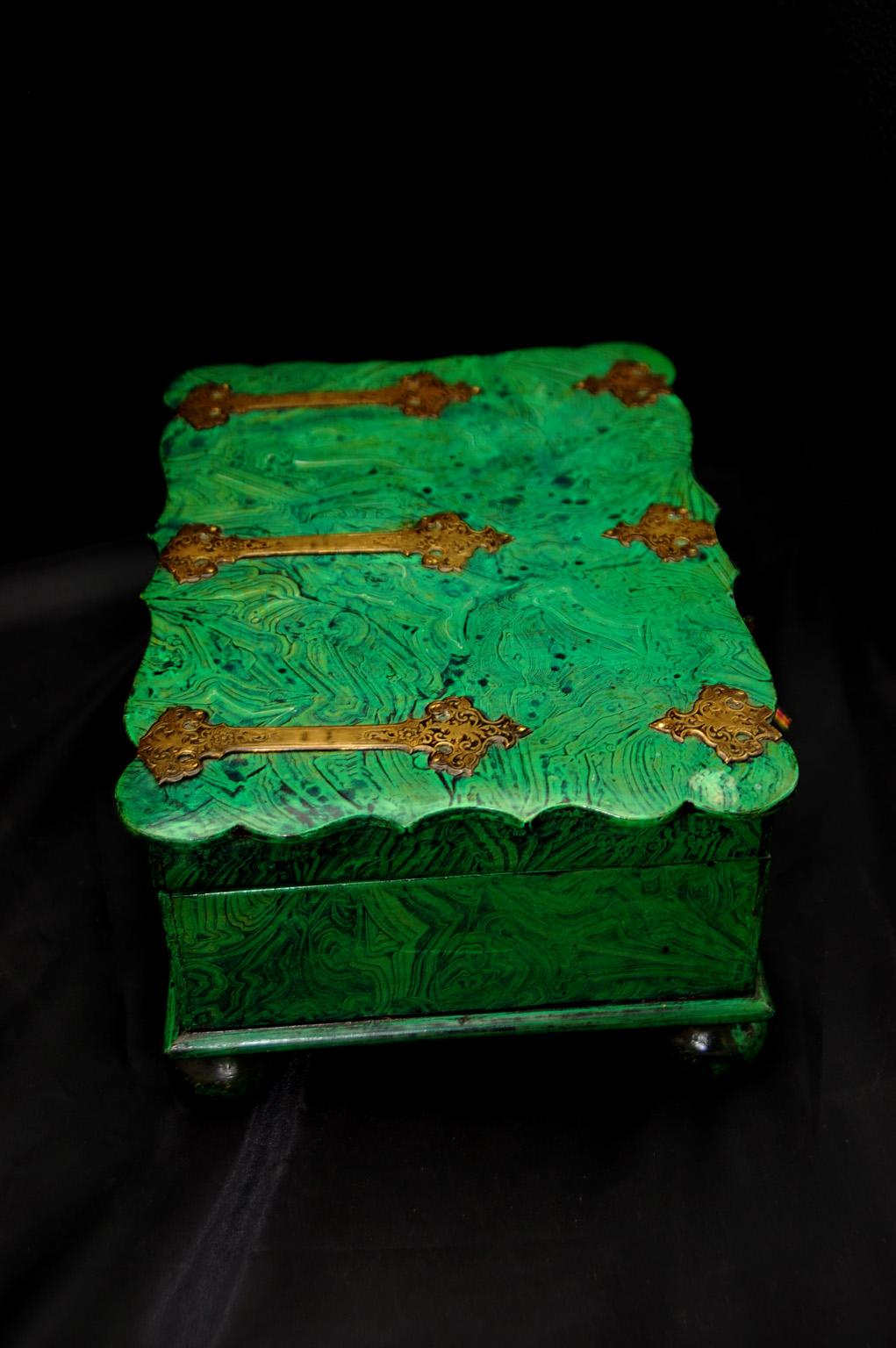 Hand-Painted English Regency Period Faux Malachite and Engraved Brass Dressing Box Circa 1815