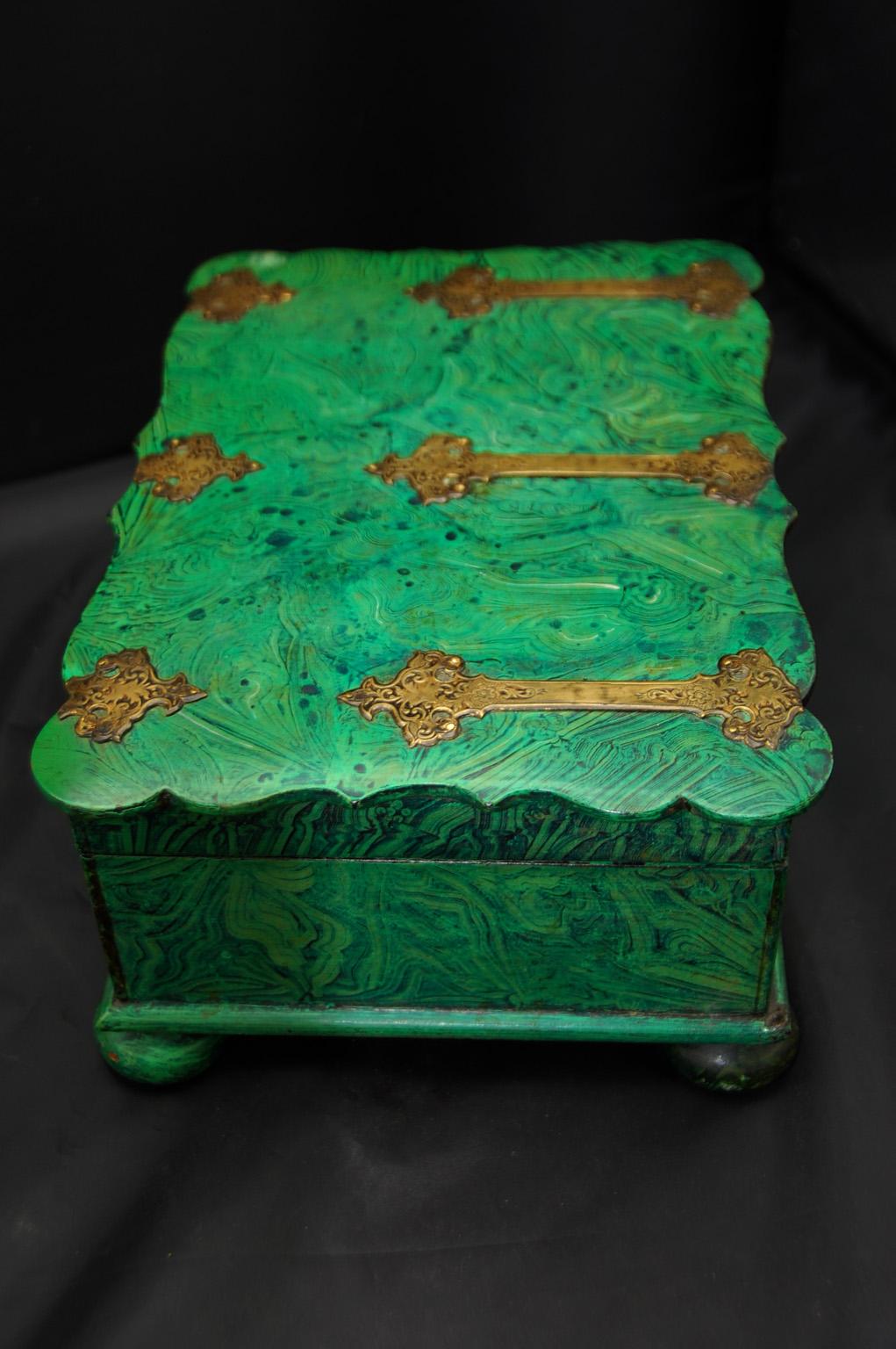 19th Century English Regency Period Faux Malachite and Engraved Brass Dressing Box Circa 1815