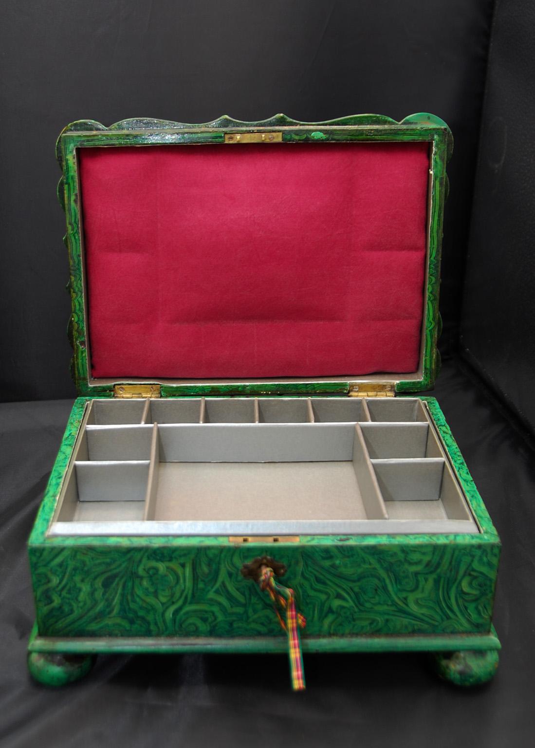 Hardwood English Regency Period Faux Malachite and Engraved Brass Dressing Box Circa 1815