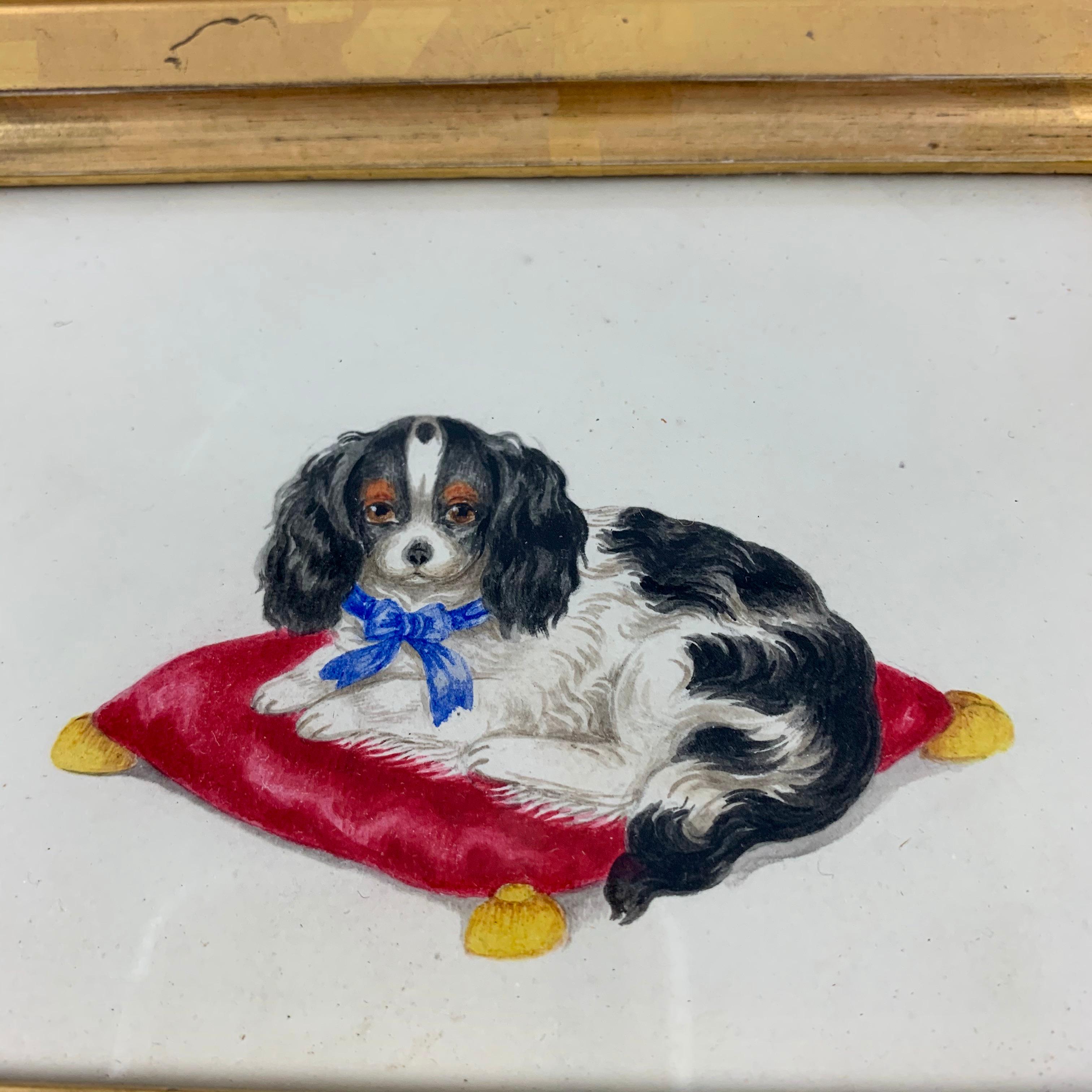 Beveled English Regency Period Fruitwood Framed Watercolor, A King Charles Spaniel