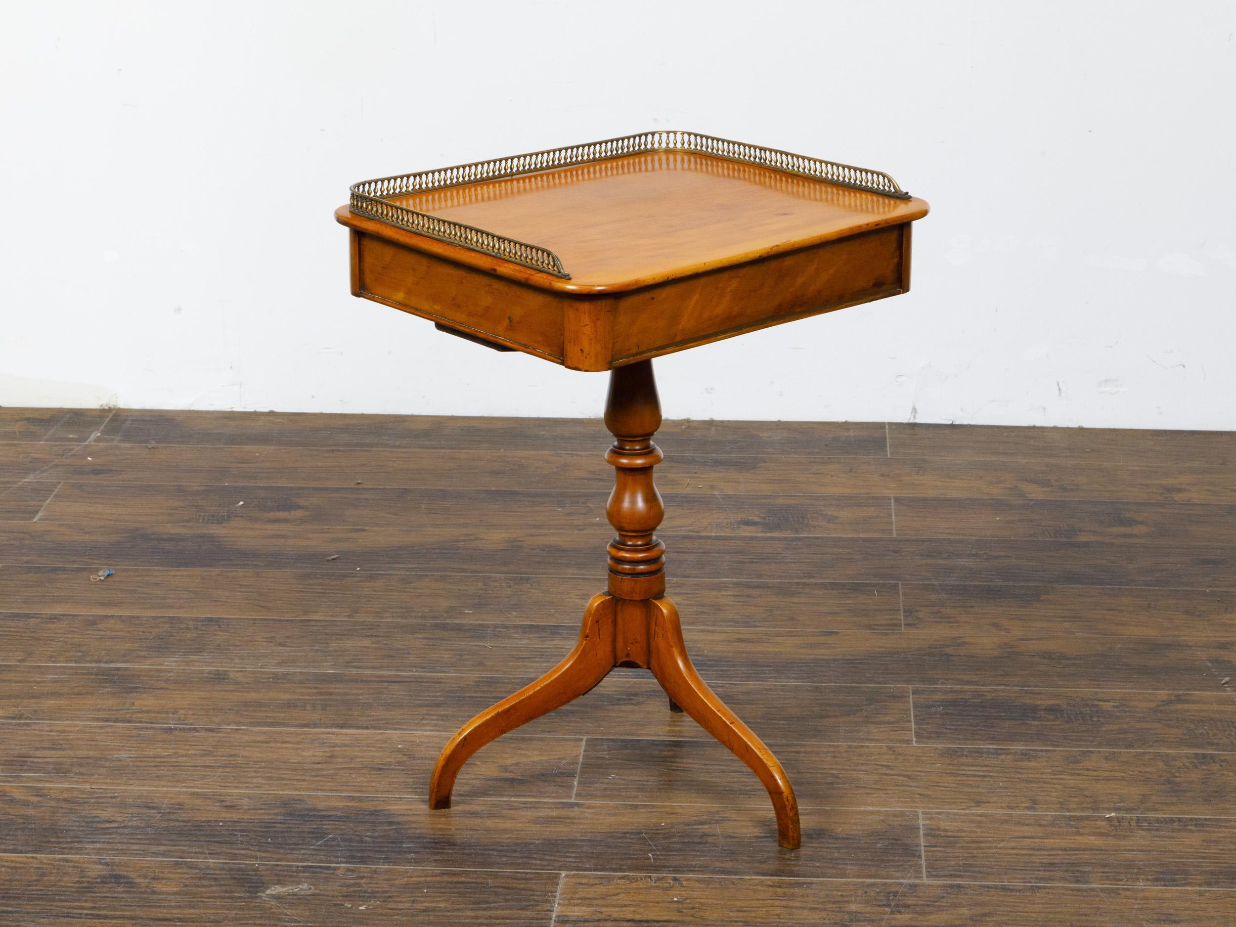 Turned English Regency Period Fruitwood Guéridon Side Table with Pierced Brass Gallery For Sale