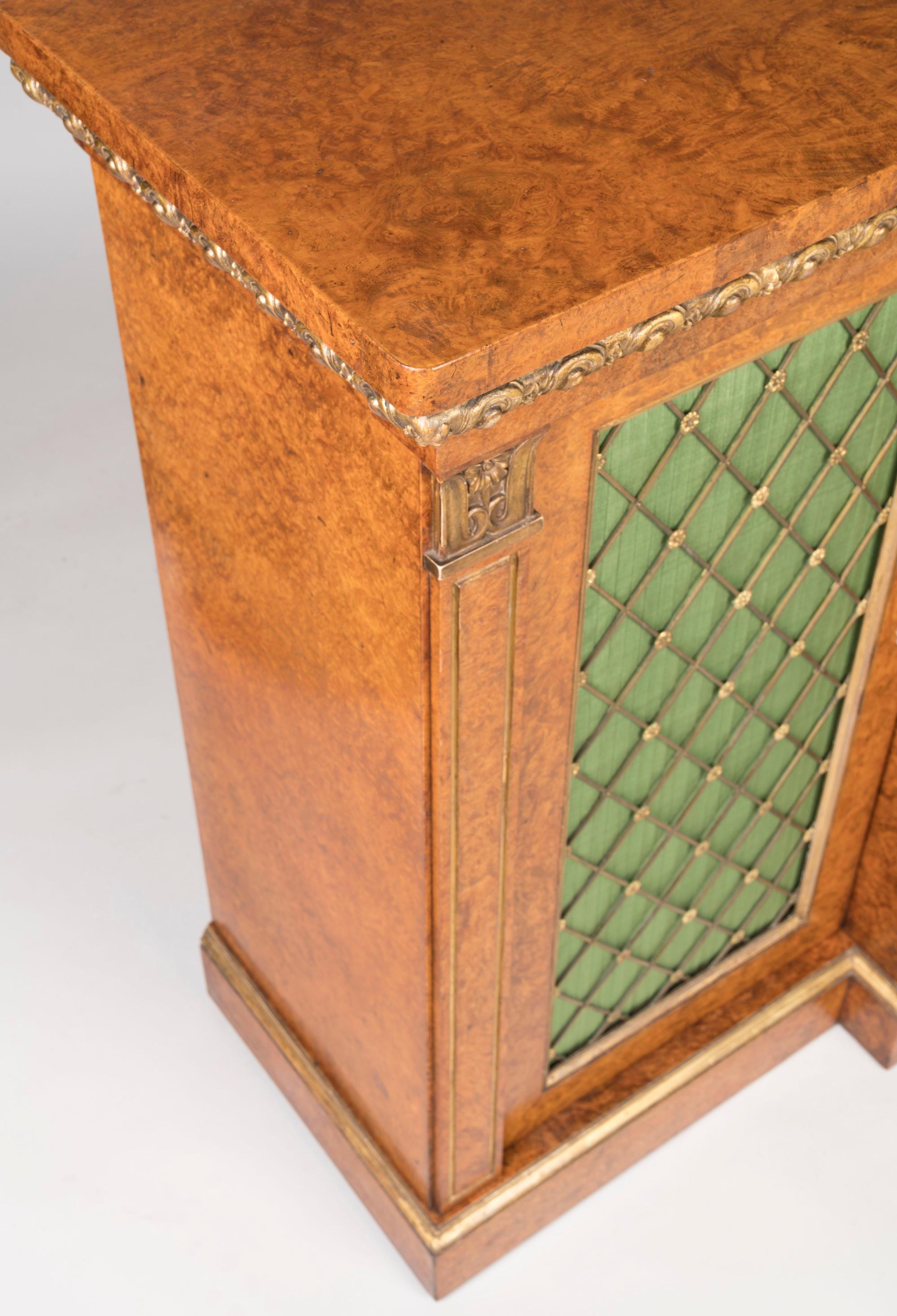 English Regency Period Gilded and Amboyna Side Cabinet with Green Silk Panels In Good Condition For Sale In London, GB