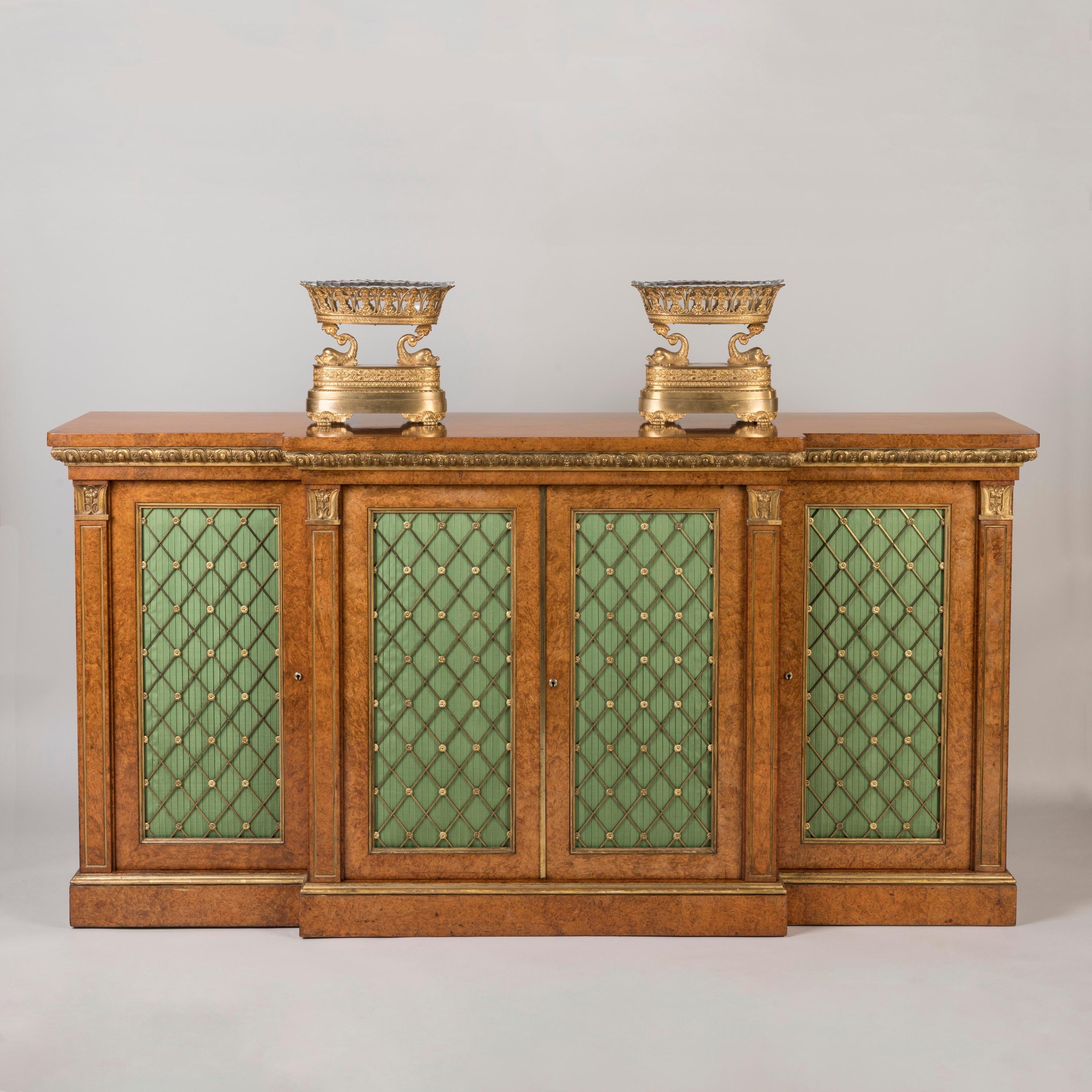 19th Century English Regency Period Gilded and Amboyna Side Cabinet with Green Silk Panels For Sale