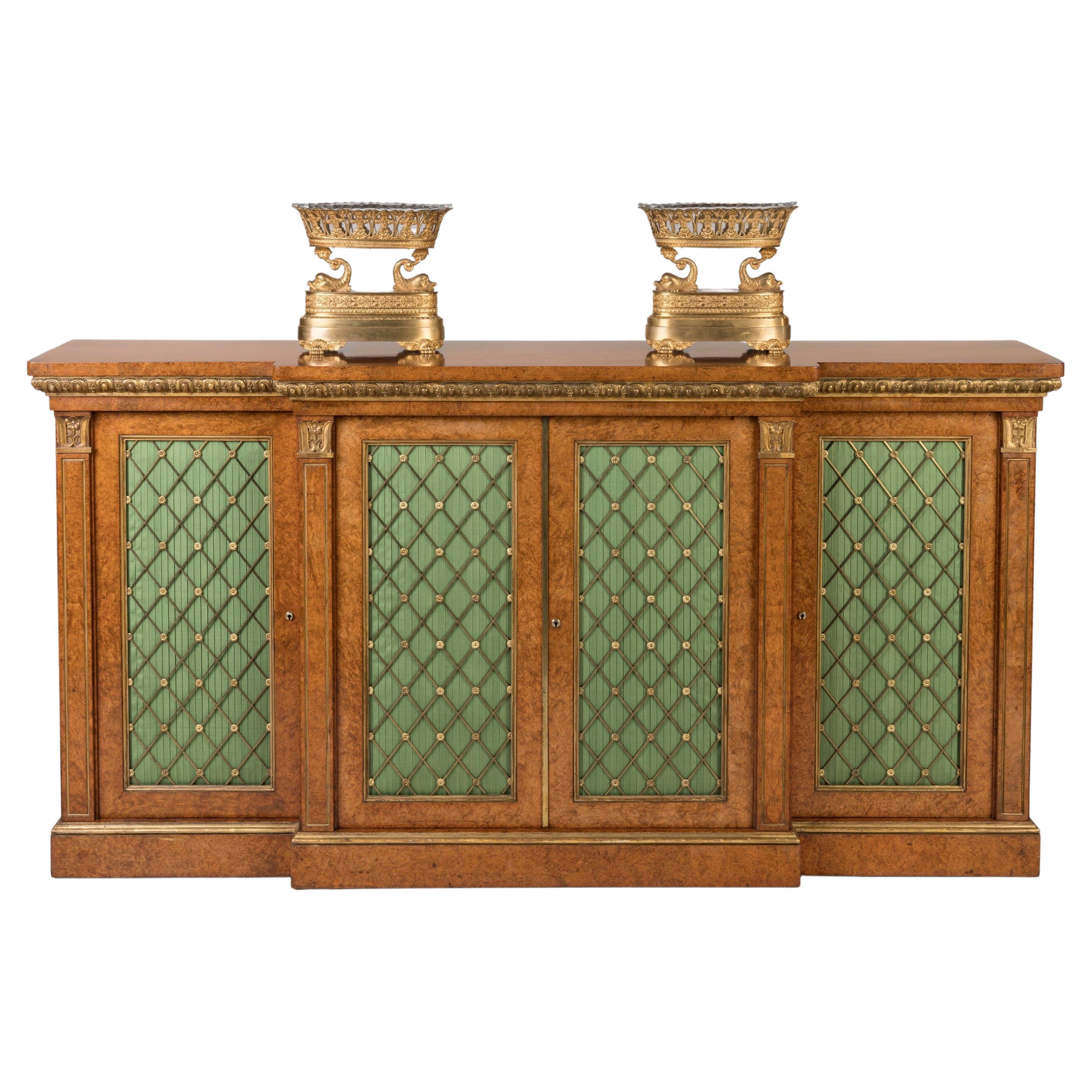 English Regency Period Gilded and Amboyna Side Cabinet with Green Silk Panels For Sale