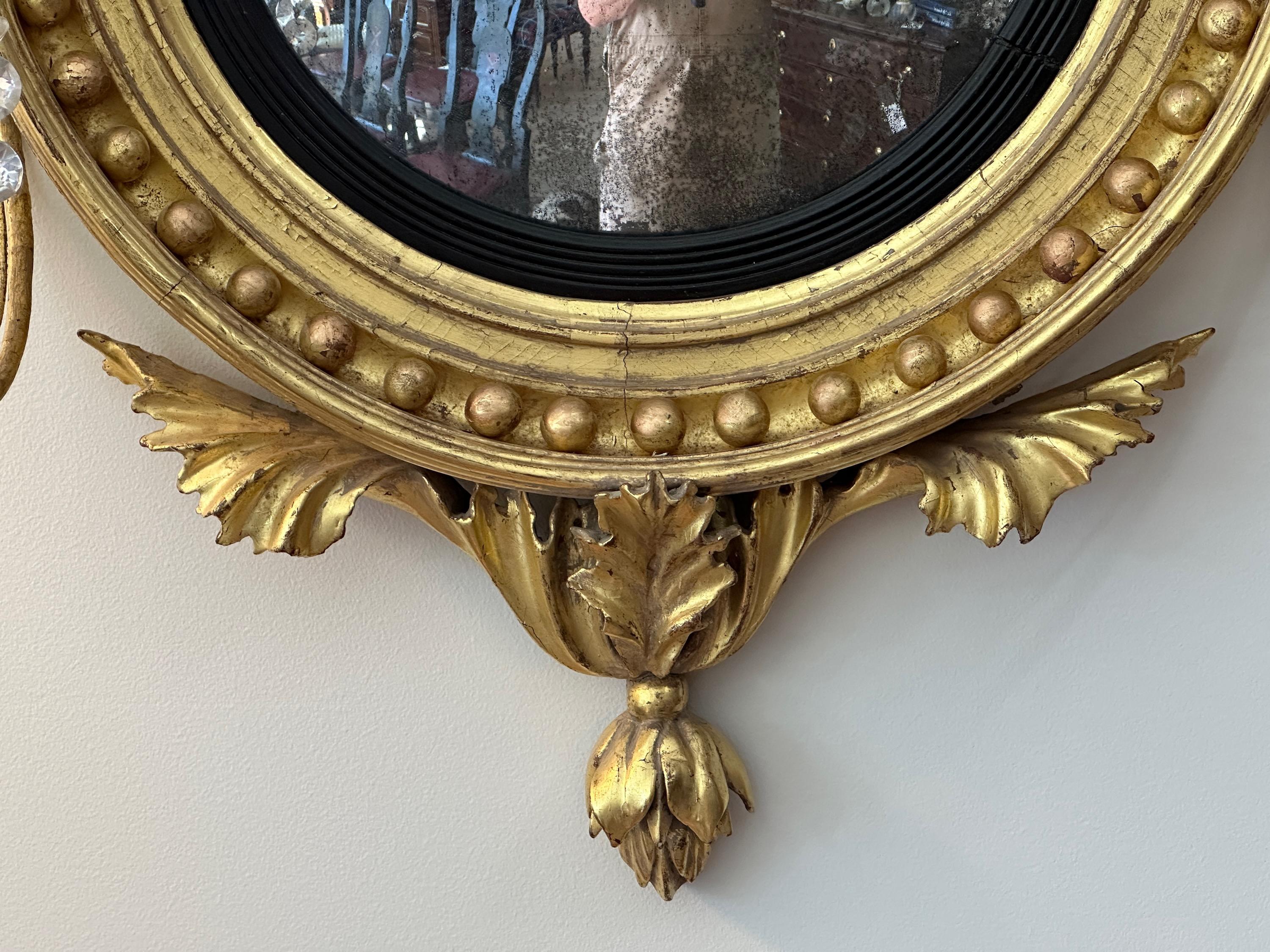 Hand-Crafted English Regency Period Giltwood Convex Girandole Mirror For Sale