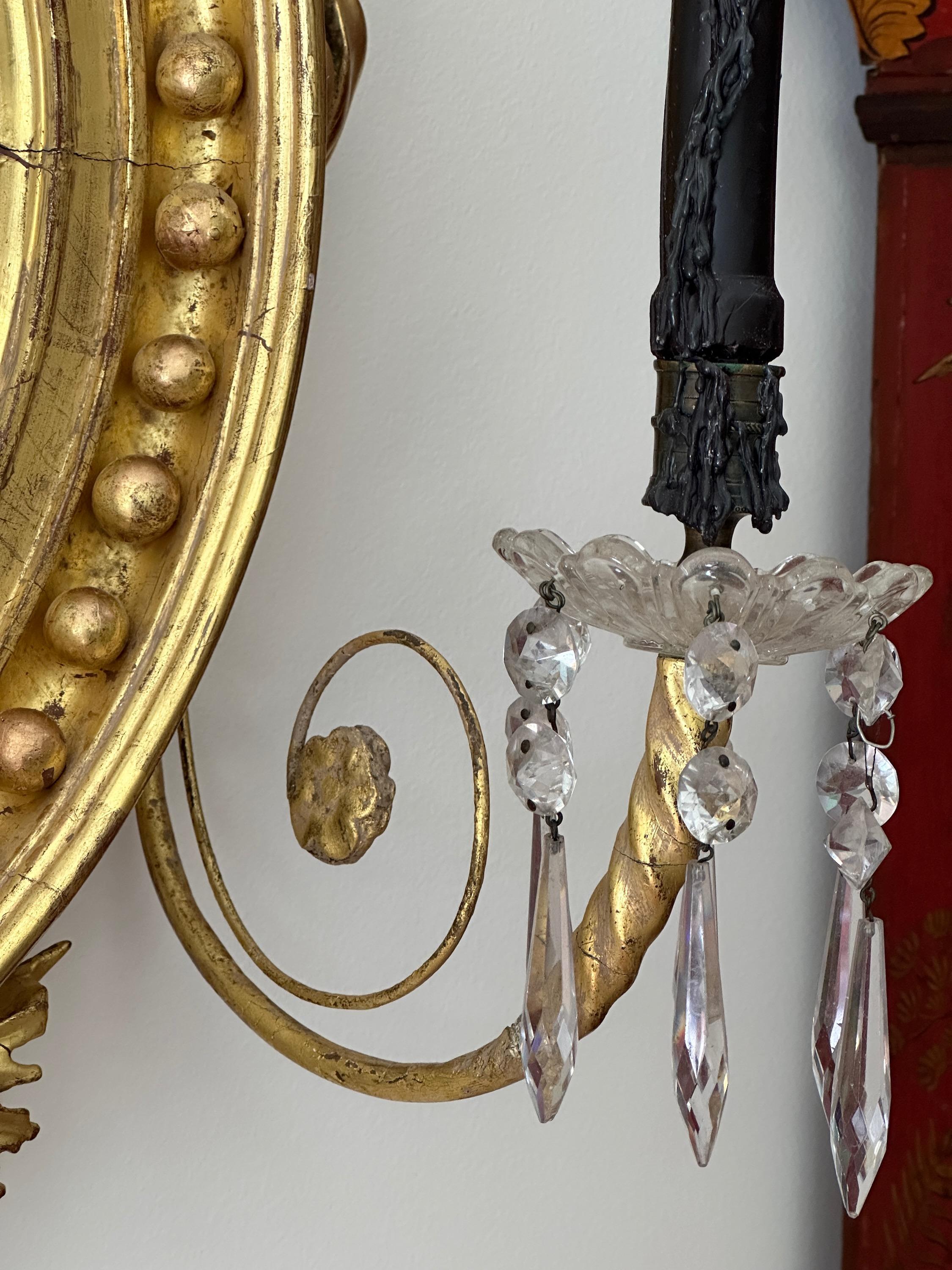 Early 19th Century English Regency Period Giltwood Convex Girandole Mirror For Sale