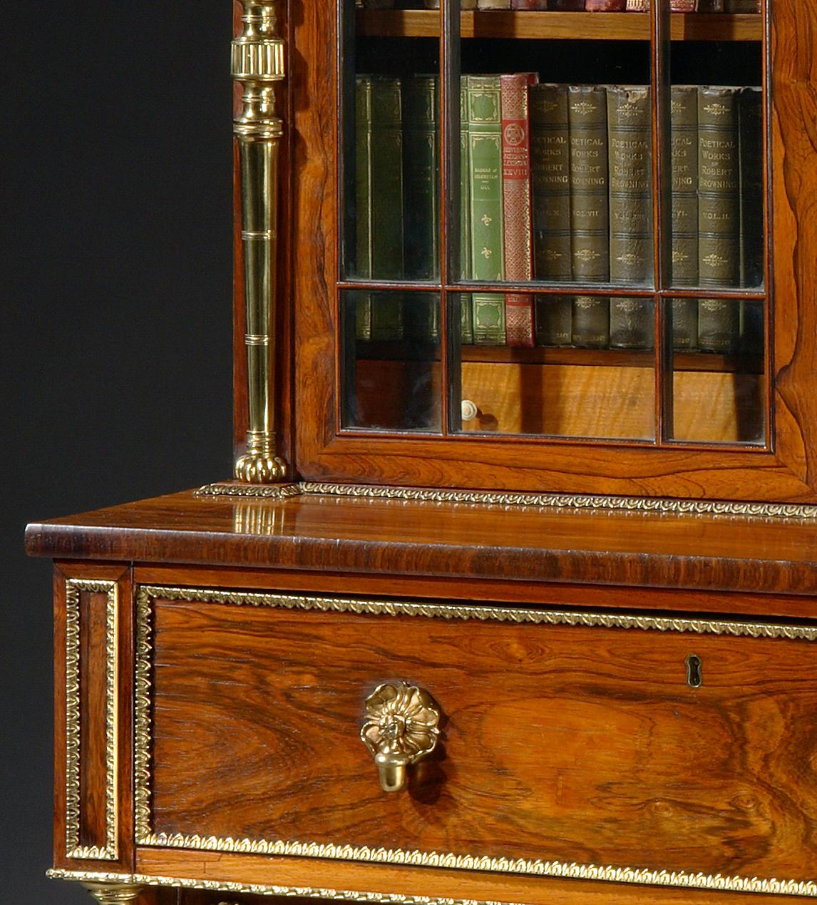 19th Century English Regency Period Goncalo Alves and Gilt Brass Secretaire Bookcase For Sale