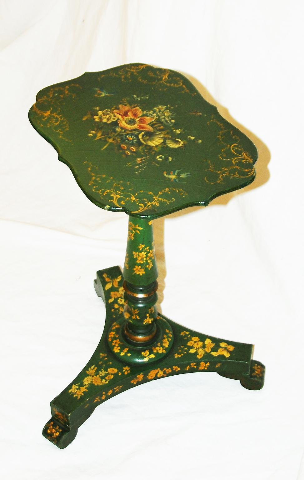 English Regency period hand painted pedestal side table. This side table was formerly a pole screen, the pole was eliminated and the screen was attached to the top of the pedestal, making a handsome diminutive side table. The delicate gold tracery