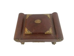 English Regency Period Leather Covered Sewing Box w/Gilt Brass Ornament