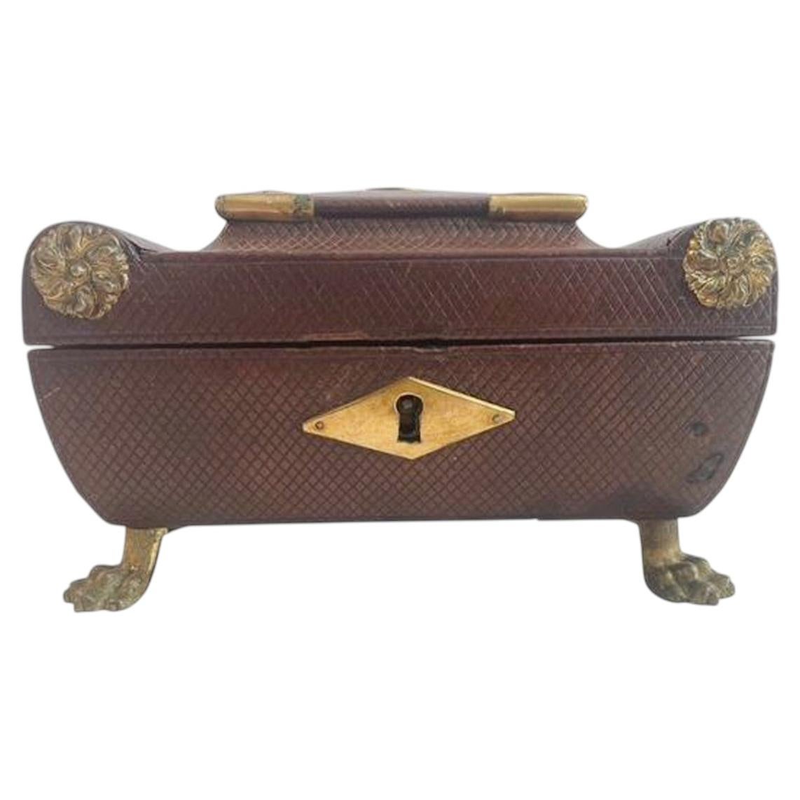 English Regency Period Leather Covered Sewing Box w/Gilt Brass Ornament