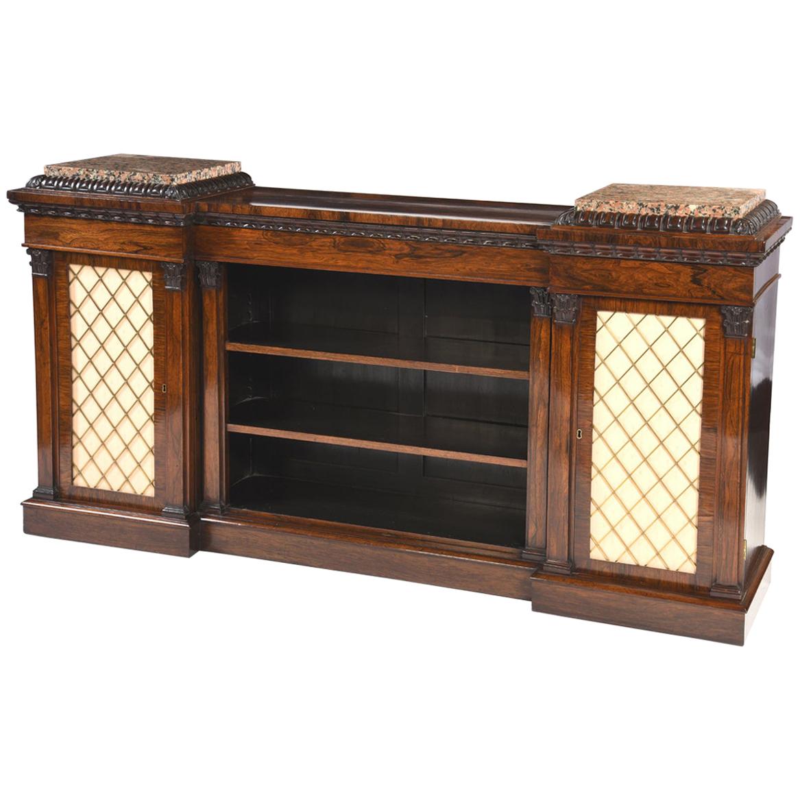 English Regency Period Low Rosewood Bookcase with Marble Tablets, circa 1810 For Sale