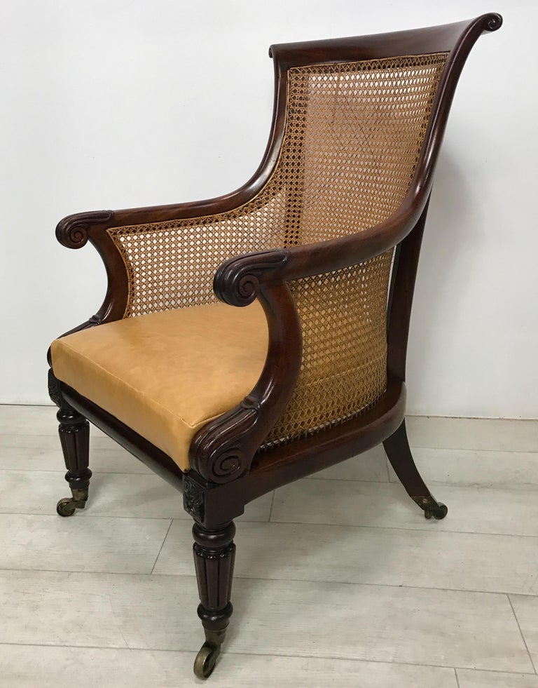 Leather English Regency Period Mahogany and Caned Library Armchair, Early 19th Century For Sale