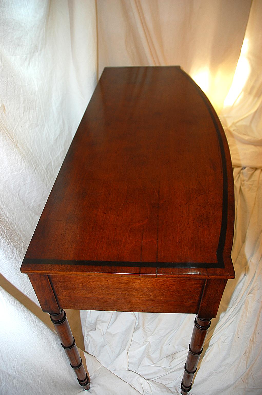 Inlay English Regency Period Mahogany Bowfront Inlaid Serving Table Ring Turned Legs
