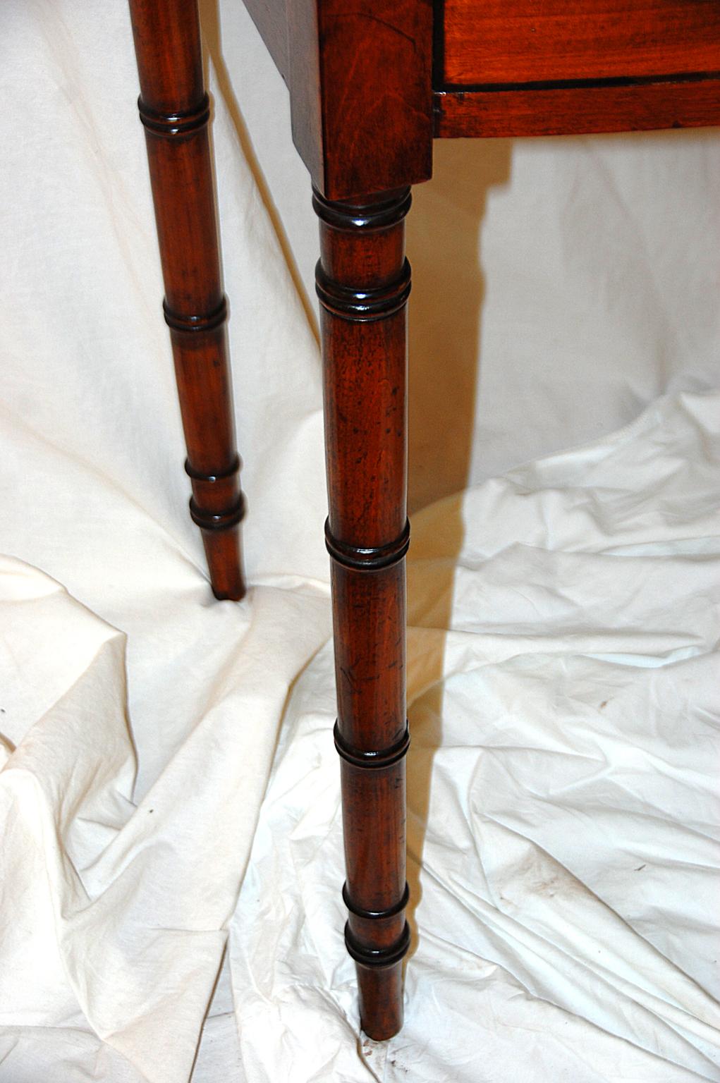 19th Century English Regency Period Mahogany Bowfront Inlaid Serving Table Ring Turned Legs