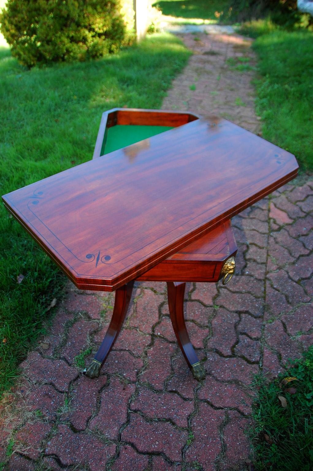 English Regency Period Mahogany Card Table with Ebony Stringing and Lion Masks 5