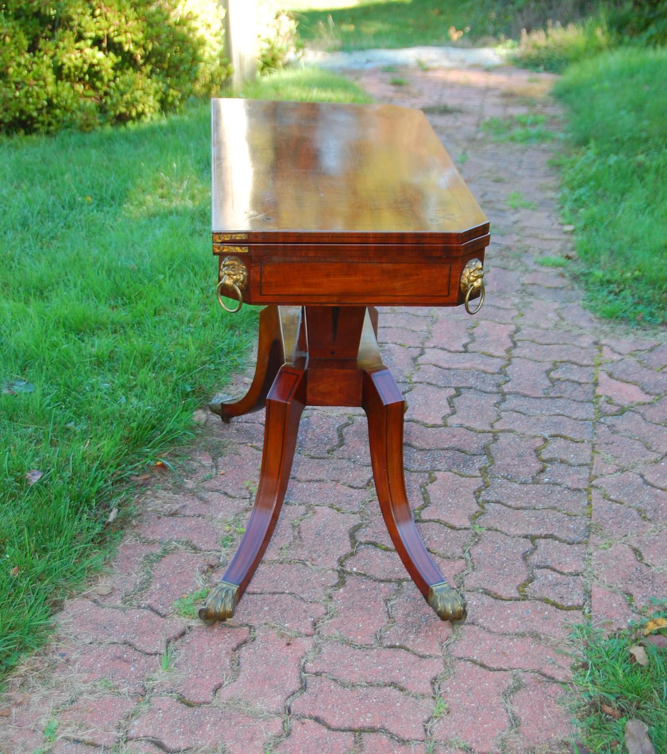 English Regency Period Mahogany Card Table with Ebony Stringing and Lion Masks In Good Condition In Wells, ME