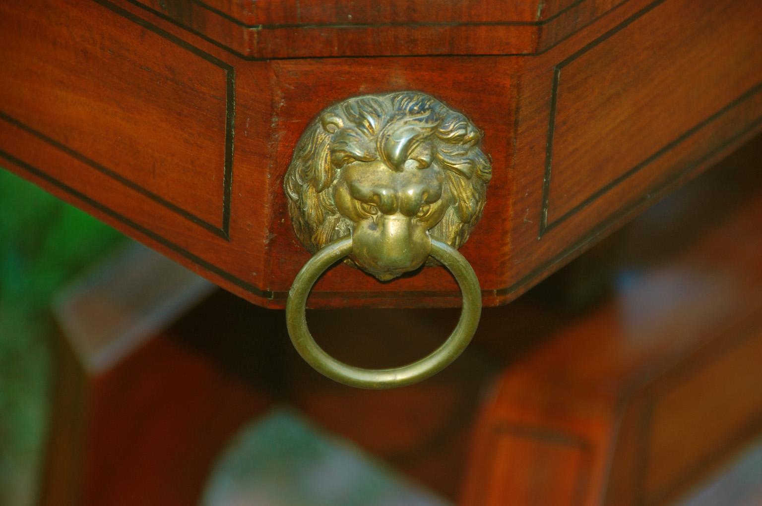 Brass English Regency Period Mahogany Card Table with Ebony Stringing and Lion Masks