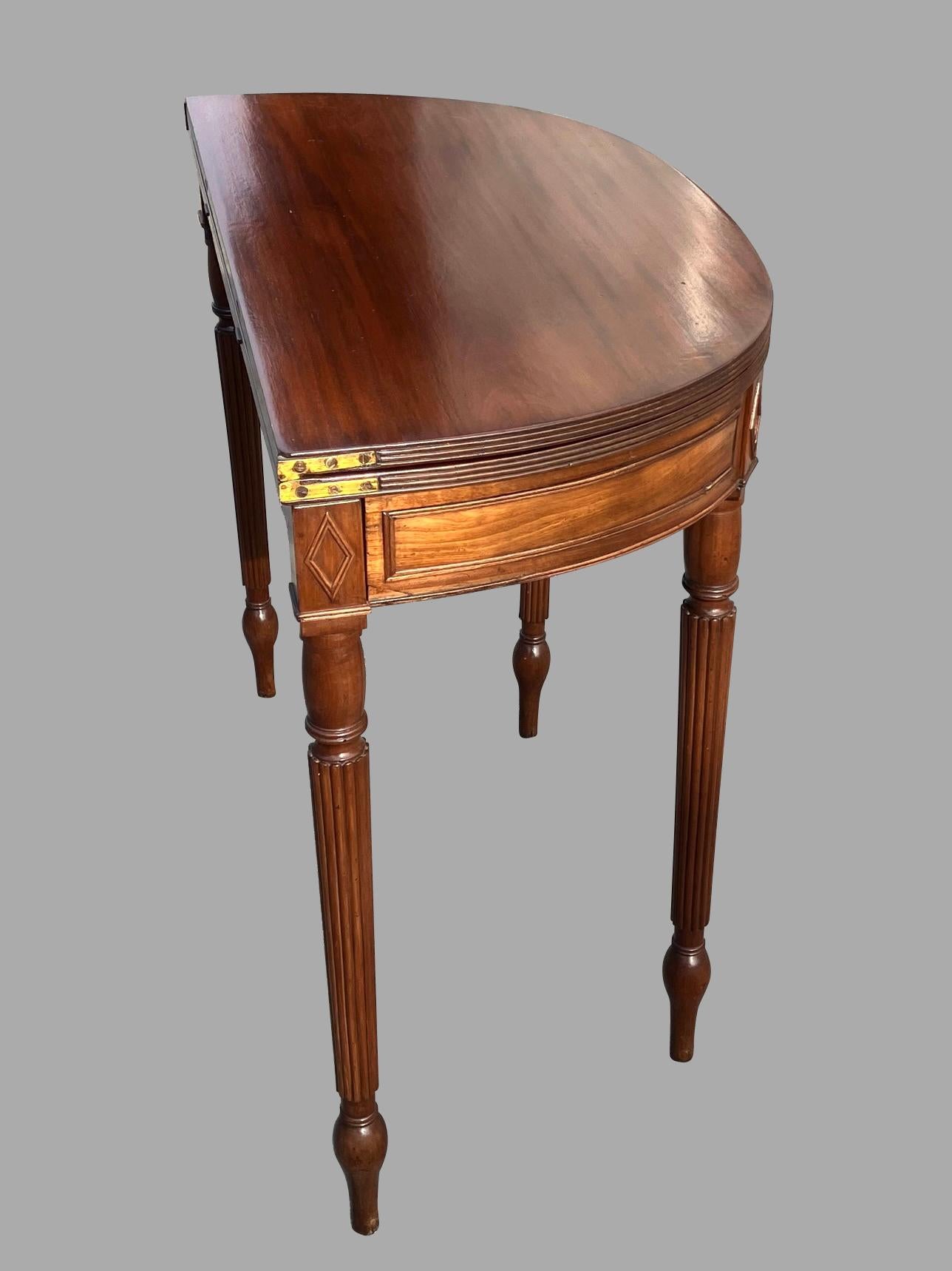 19th Century English Regency Period Mahogany Flip Top Game or Tea Table with Reeded Legs For Sale