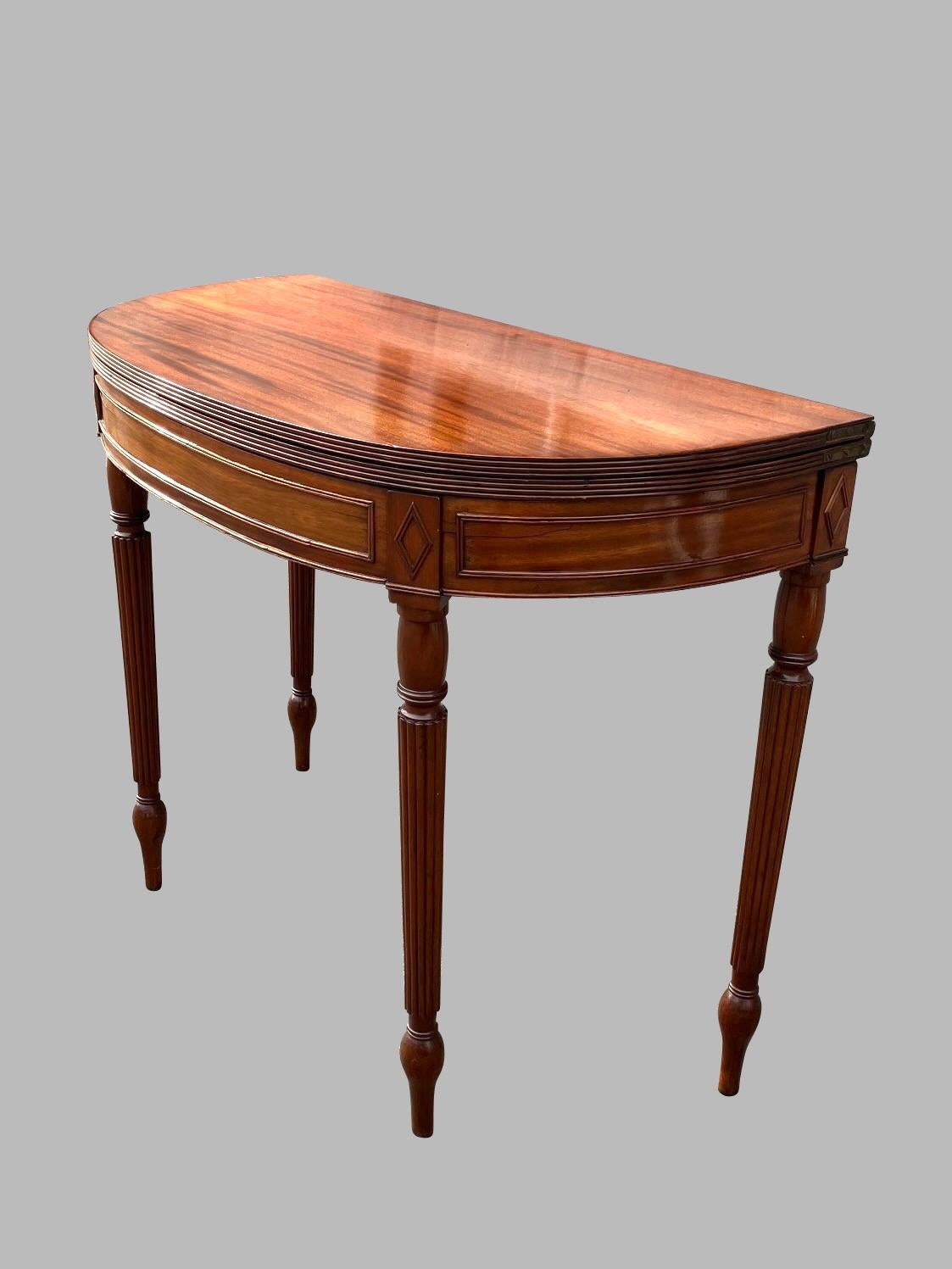 English Regency Period Mahogany Flip Top Game or Tea Table with Reeded Legs For Sale 3