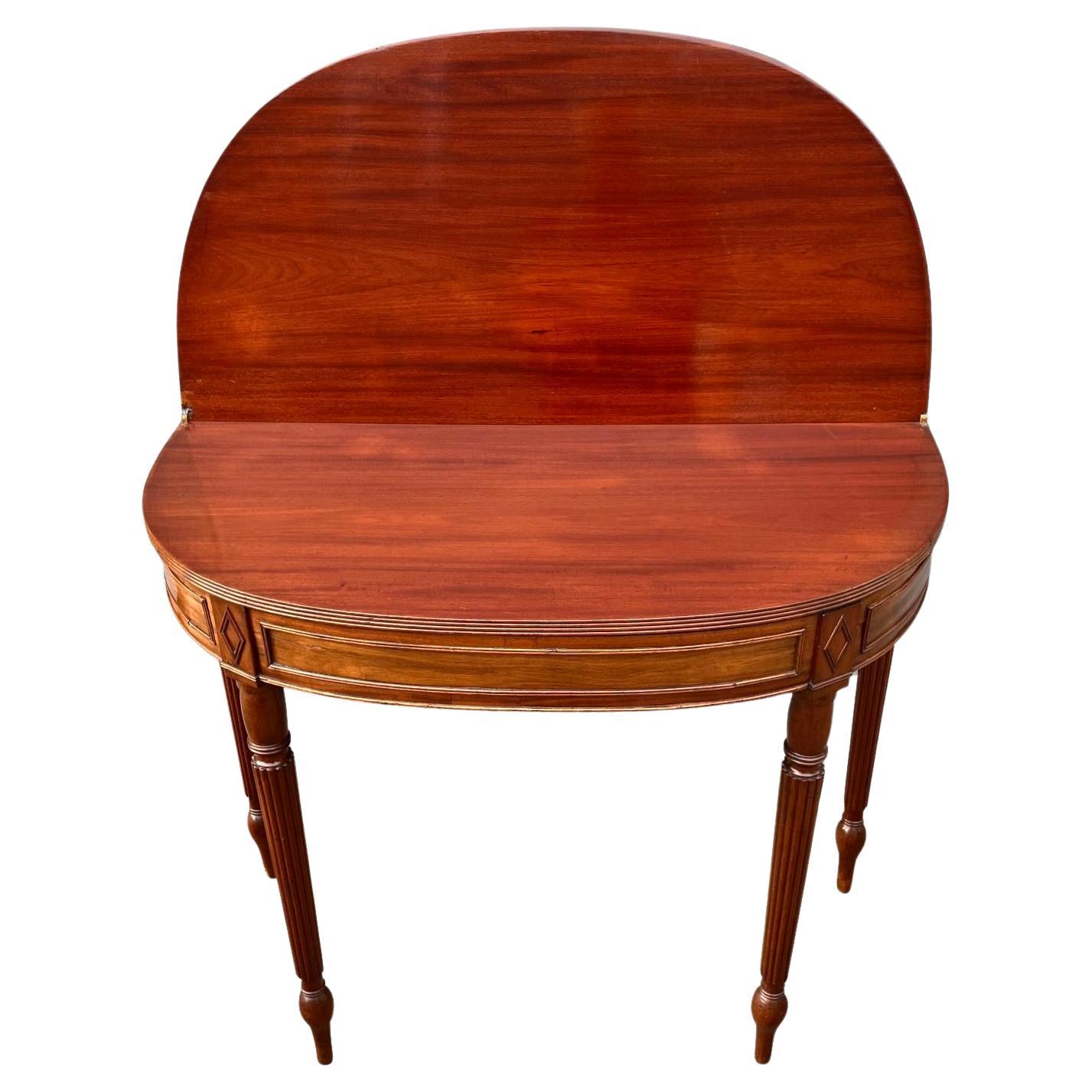 English Regency Period Mahogany Flip Top Game or Tea Table with Reeded Legs For Sale