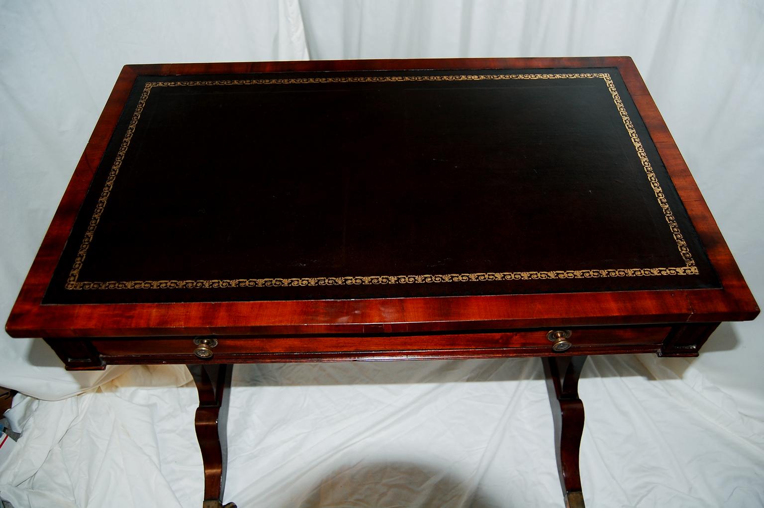 Early 19th Century English Regency Period Mahogany Writing Table with Pedestal Ends 33 Inches Wide For Sale