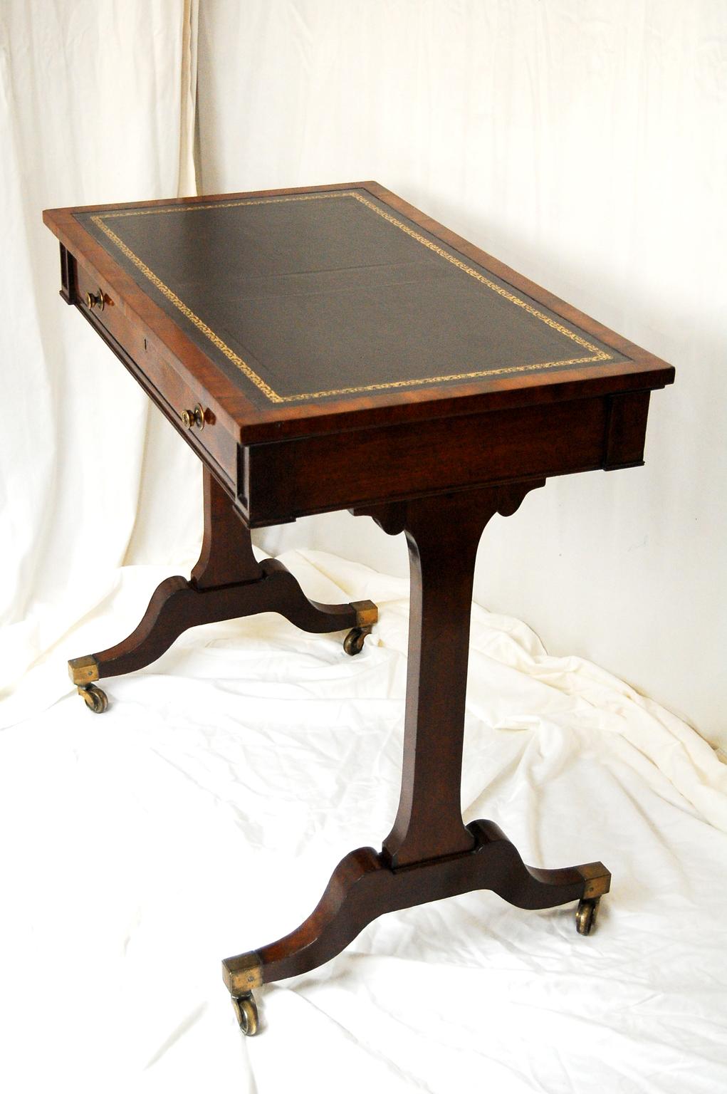 English Regency Period Mahogany Writing Table with Pedestal Ends 33 Inches Wide For Sale 1