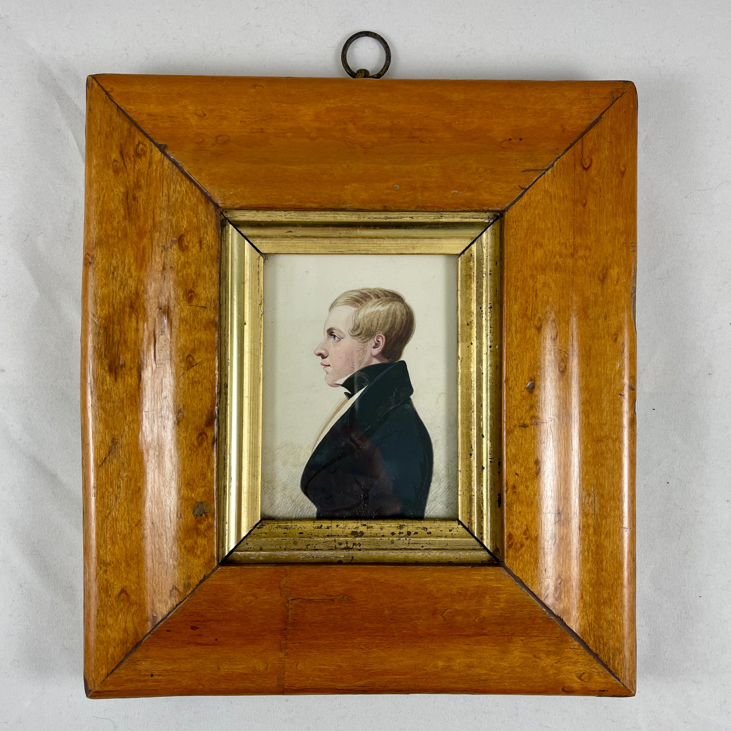 19th Century English Regency Period Original Watercolor Fruitwood Frame Portrait of Young Man For Sale