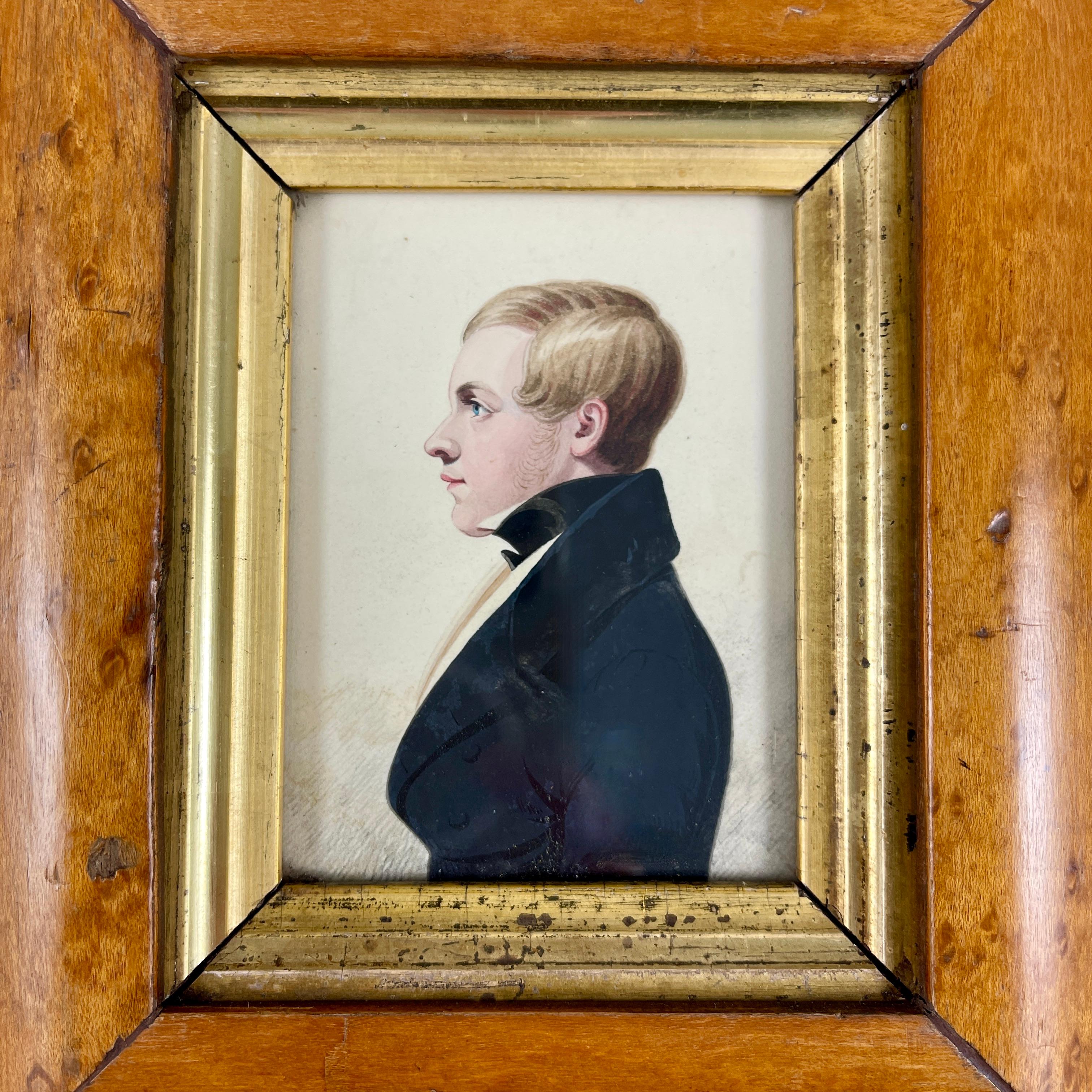 English Regency Period Original Watercolor Fruitwood Frame Portrait of Young Man For Sale 1