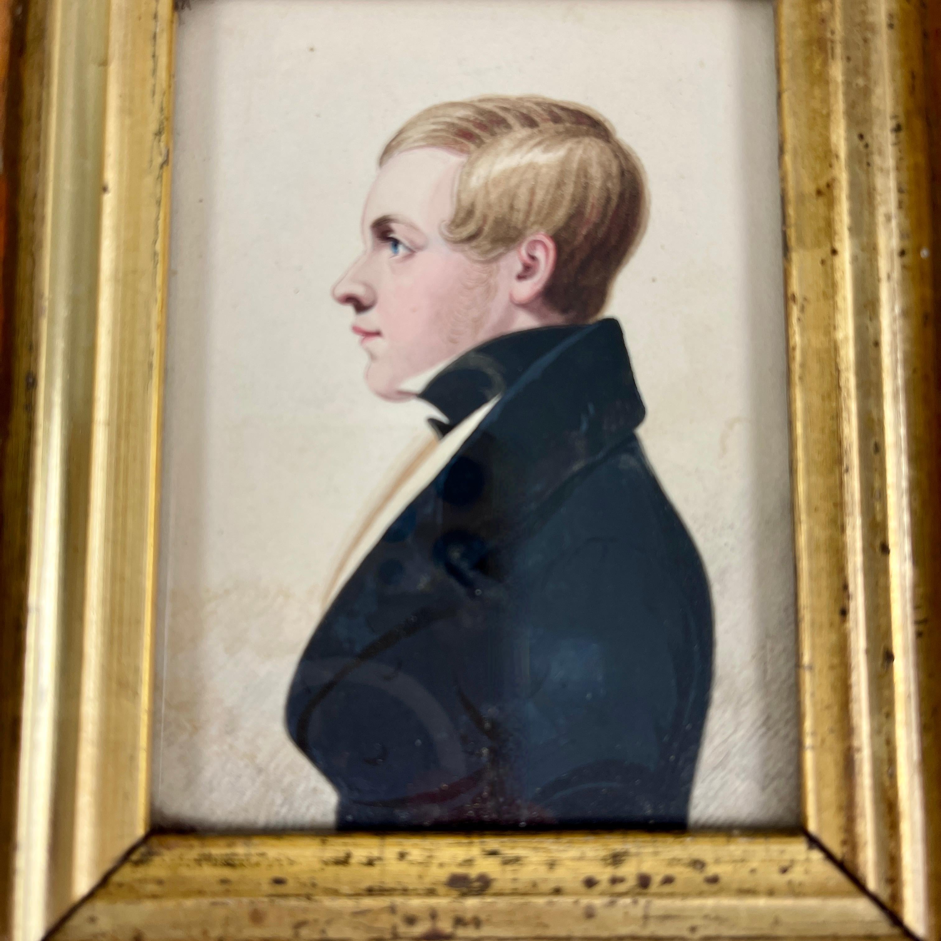 English Regency Period Original Watercolor Fruitwood Frame Portrait of Young Man For Sale 2