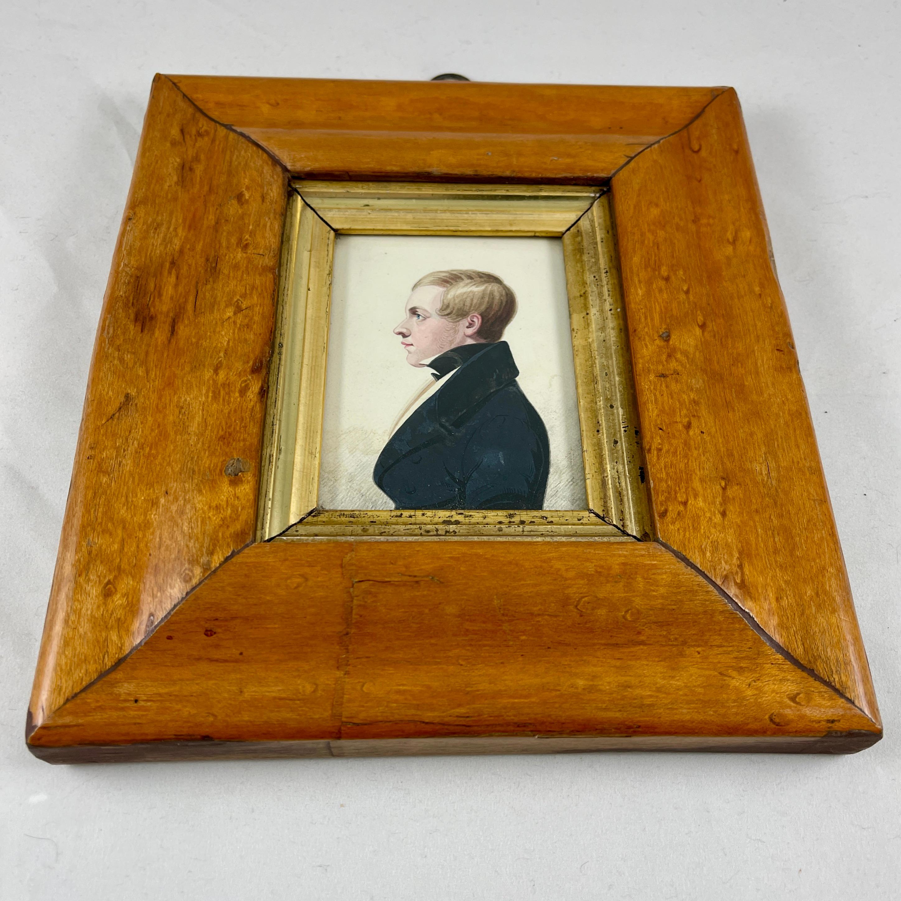 English Regency Period Original Watercolor Fruitwood Frame Portrait of Young Man For Sale 3
