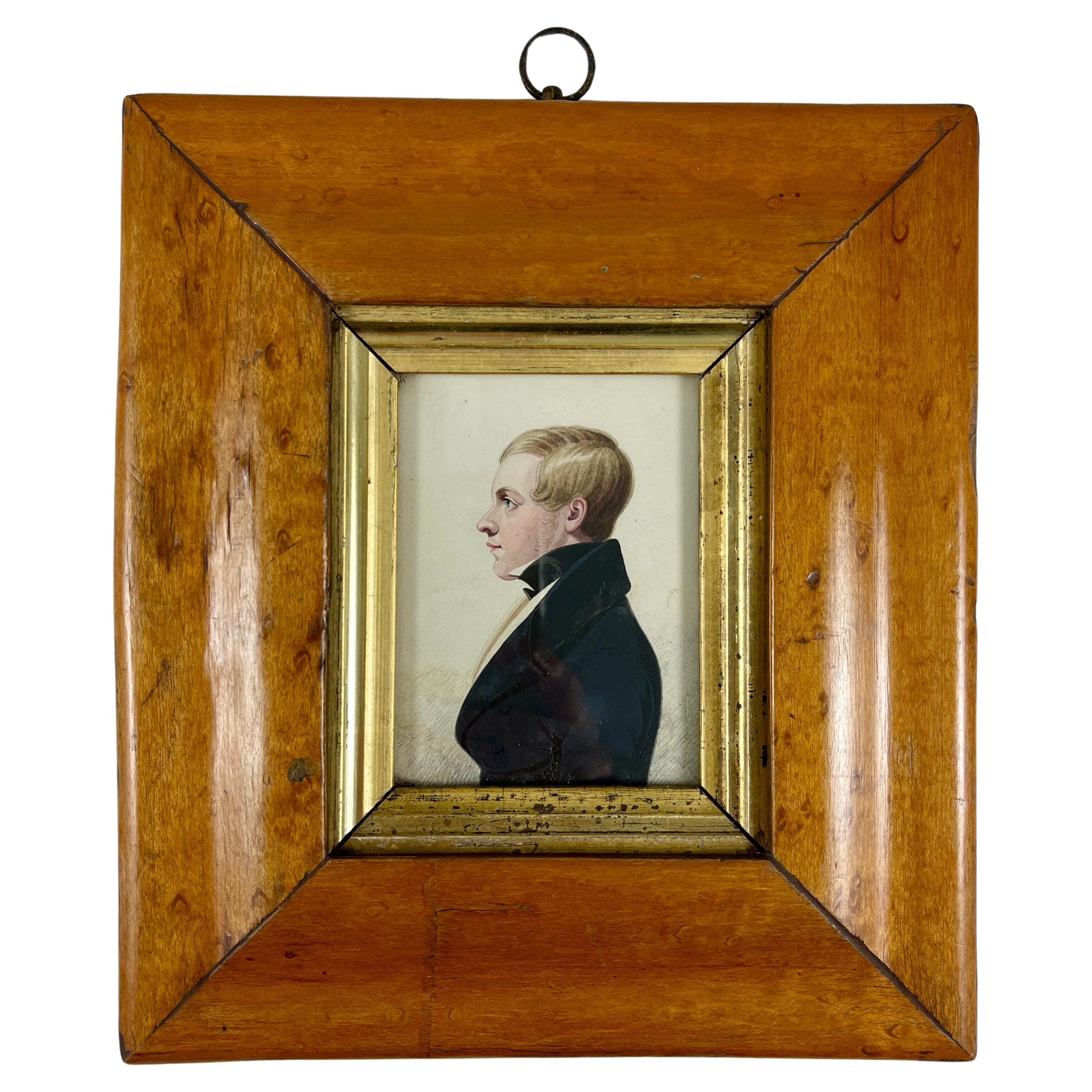 English Regency Period Original Watercolor Fruitwood Frame Portrait of Young Man
