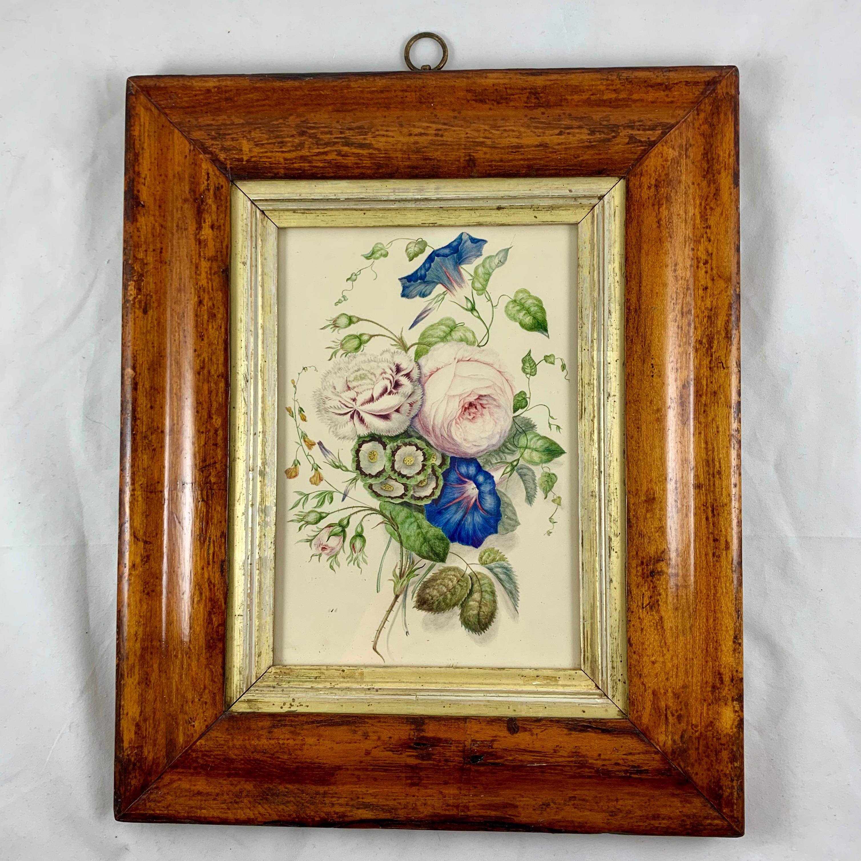 An original British School Regency Period watercolor, circa 1780-1835, mounted in a Georgian Period fruitwood frame. These watercolors were largely painted by young girls from aristocratic families during the Jane Austen period. The arts of painting