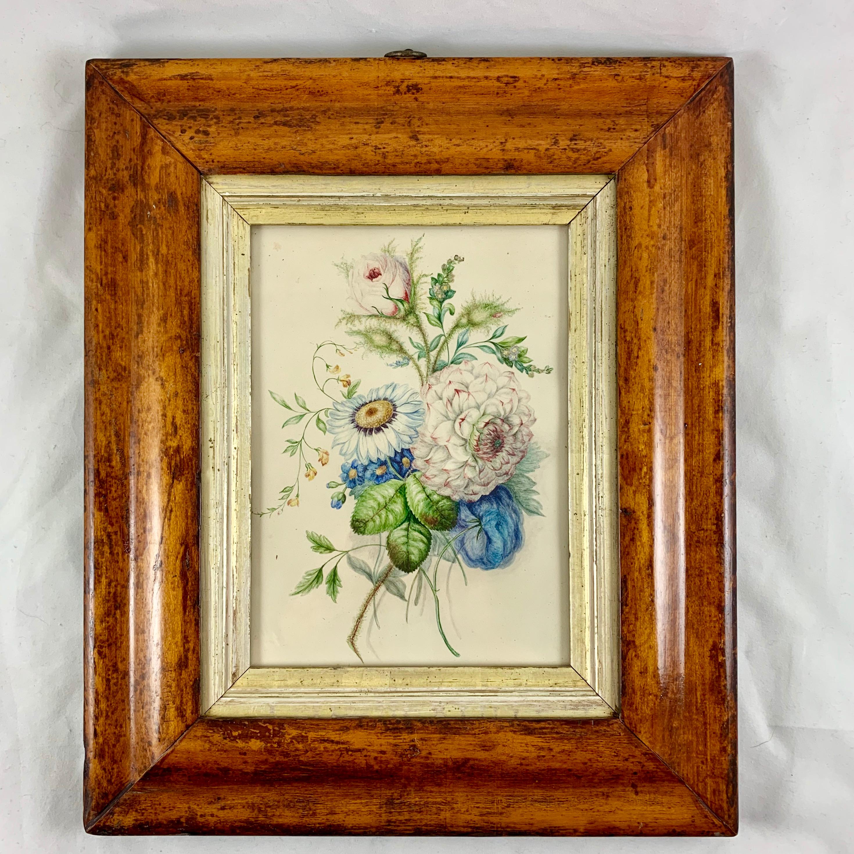 English Regency Period Original Watercolor in Fruitwood Frame, Daisy and Dahila 9