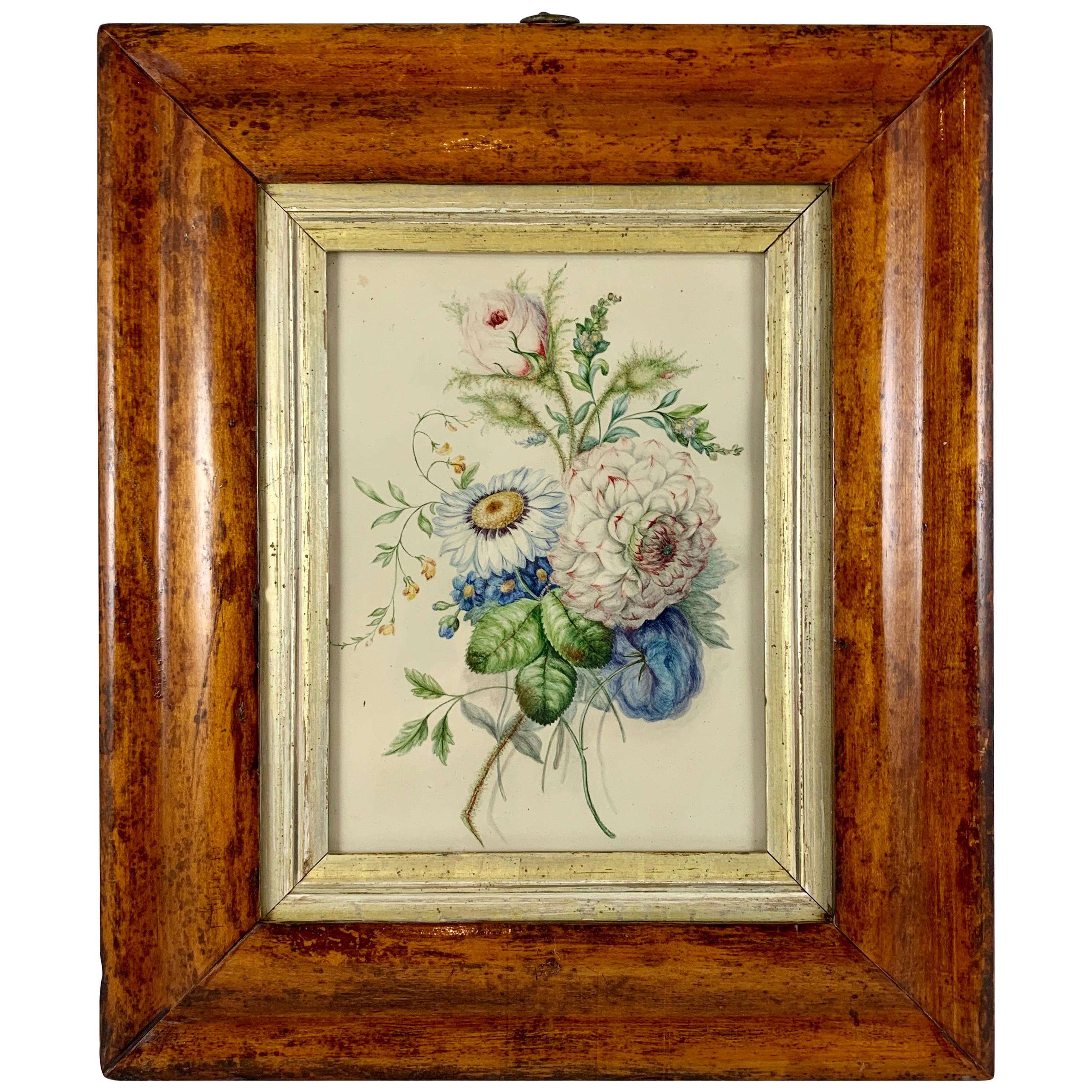 An original British School Regency period watercolor, circa 1780-1835, mounted in a Georgian period fruitwood frame. These watercolors were largely painted by young girls from aristocratic families during the Jane Austen period. The arts of painting